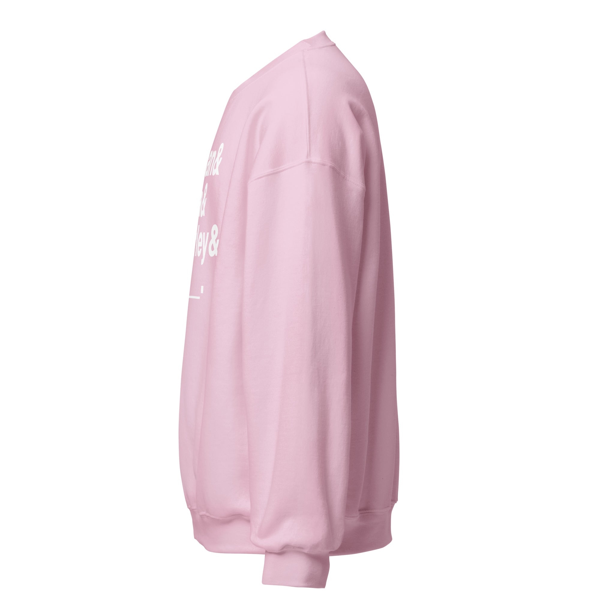 Left sleeve of pink sweatshirt with partially visible bold white text: 'Conan & Sona & Gourley & _____.'