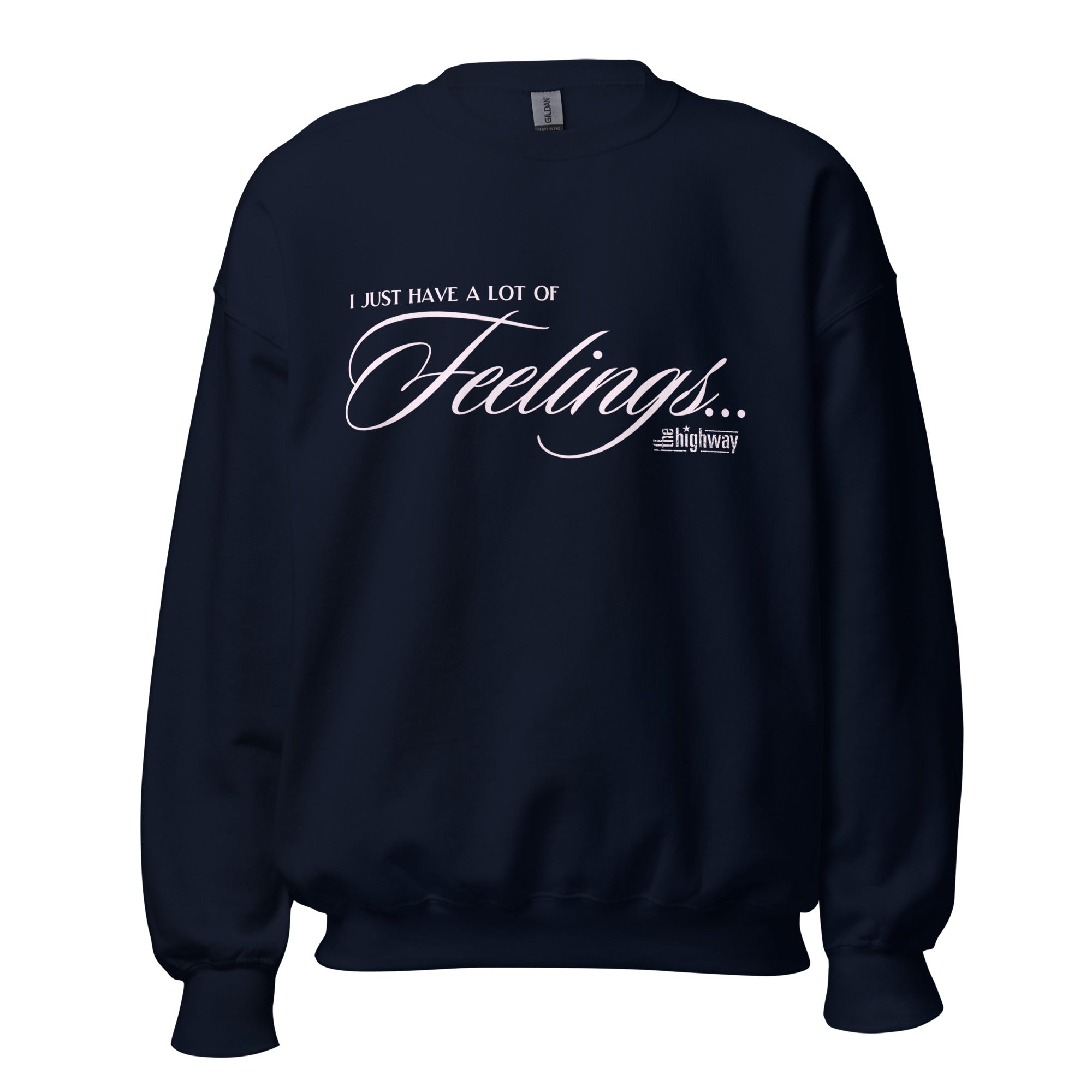Navy blue sweatshirt with the text 'I just have a lot of Feelings...' with 'the highway' logo printed in white.
