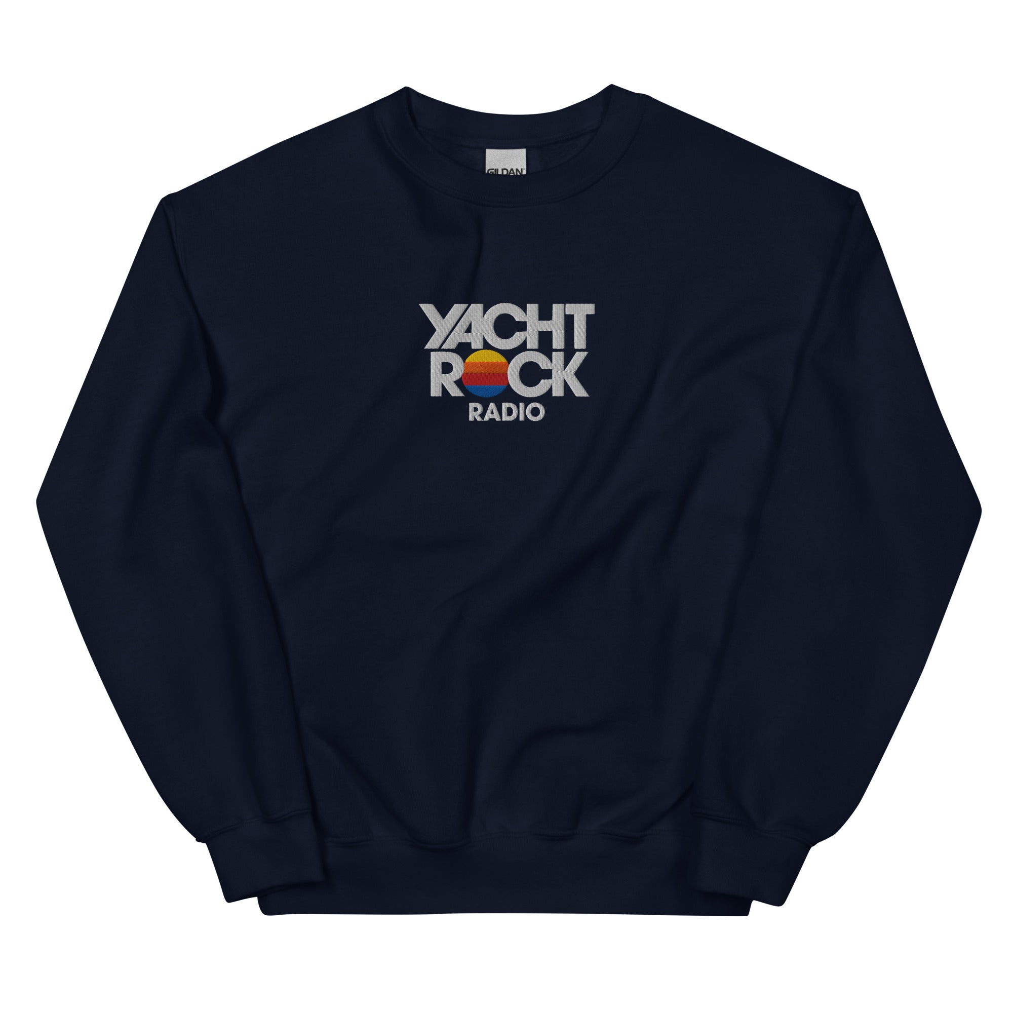 Black sweatshirt with 'Yacht Rock Radio' text on a white background