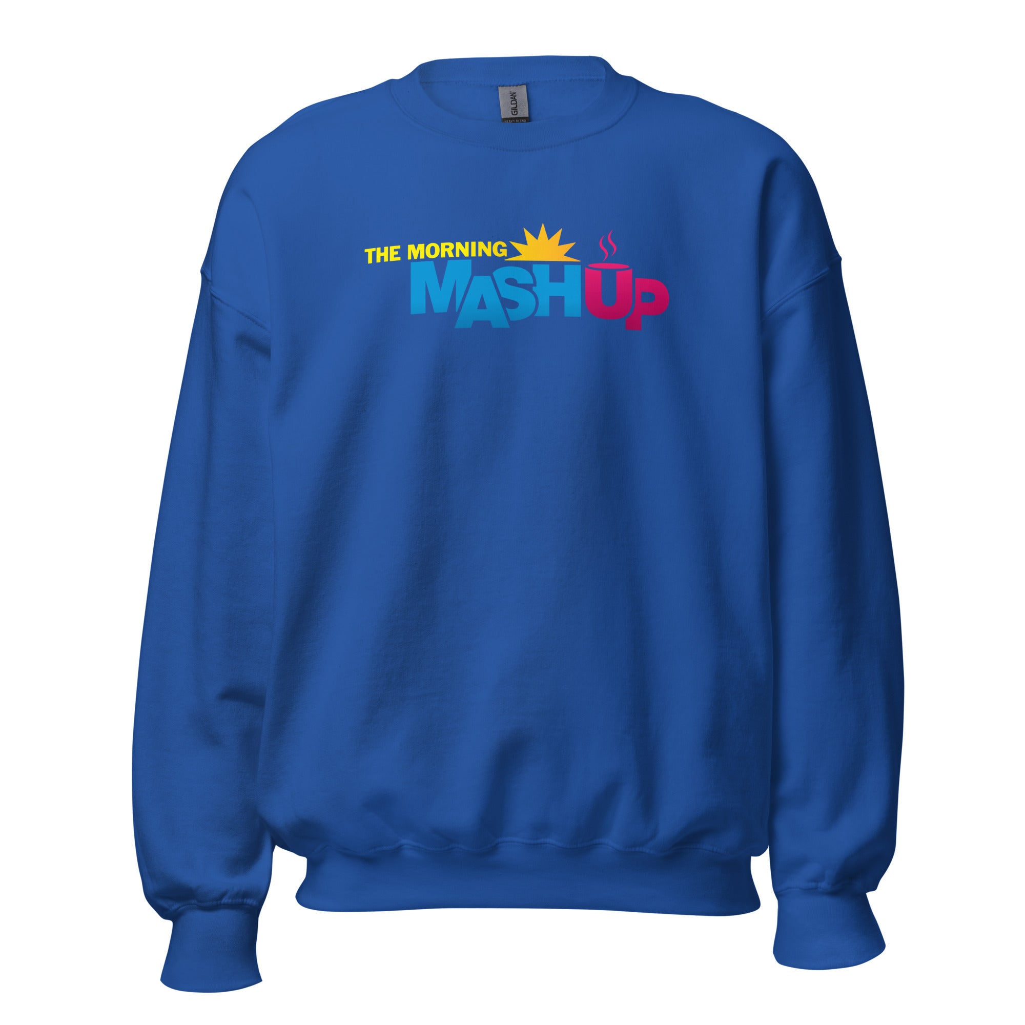 Royal blue sweatshirt with 'THE MORNING MASH Up' in yellow, blue and pink text and a sun graphic.