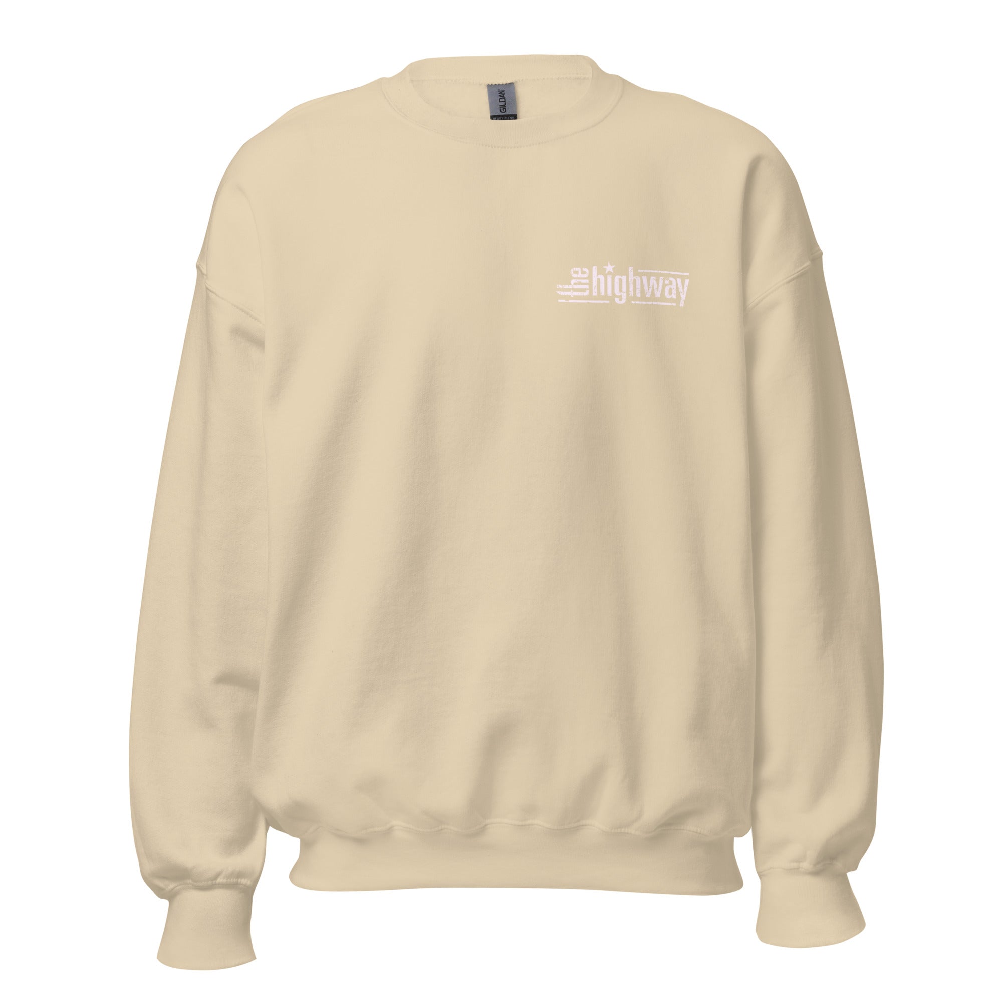 Cream colored sweatshirt a white 'the highway' logo on the left chest area.