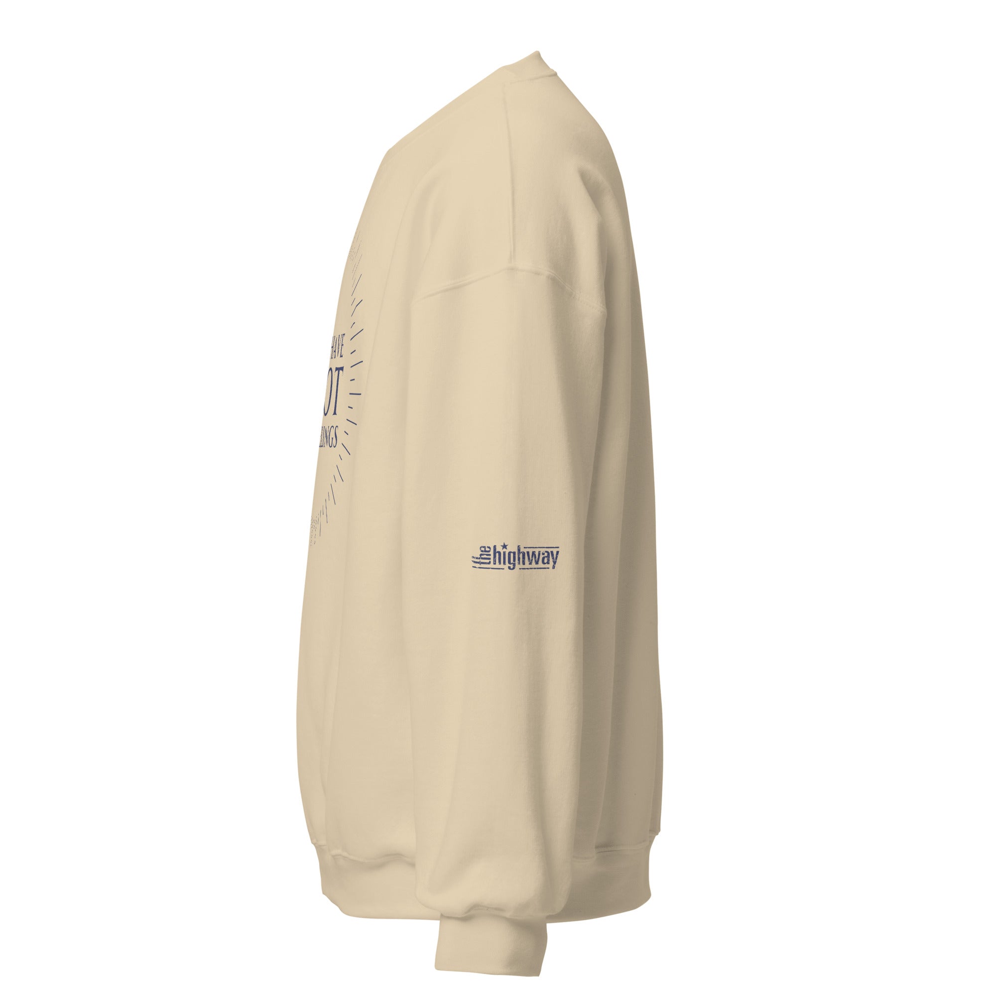 Beige sweatshirt with 'The Highway' logo on the sleeve, featuring a ribbed cuff and side view.