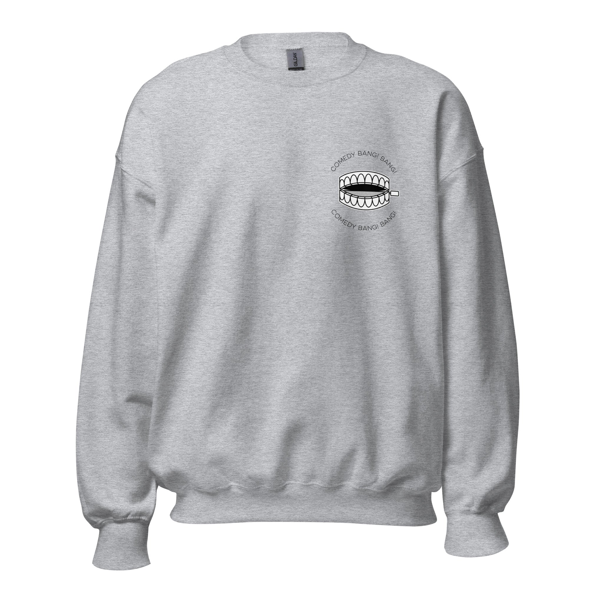Gray sweatshirt featuring a 'Comedy Bang! Bang!' text and chattering teeth toy graphic on the left chest area.