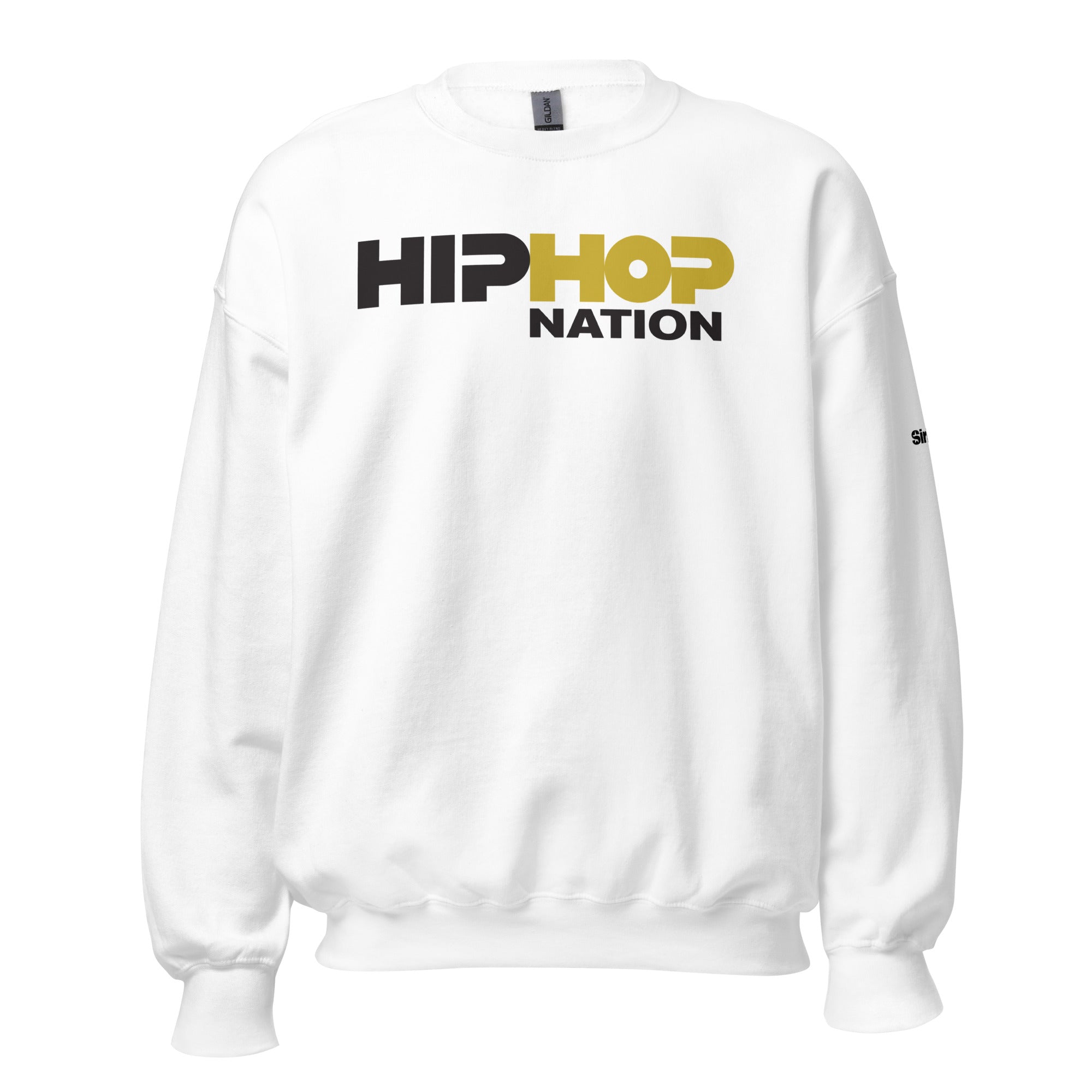 White sweatshirt featuring 'HIP HOP NATION' printed in bold black and gold letters.