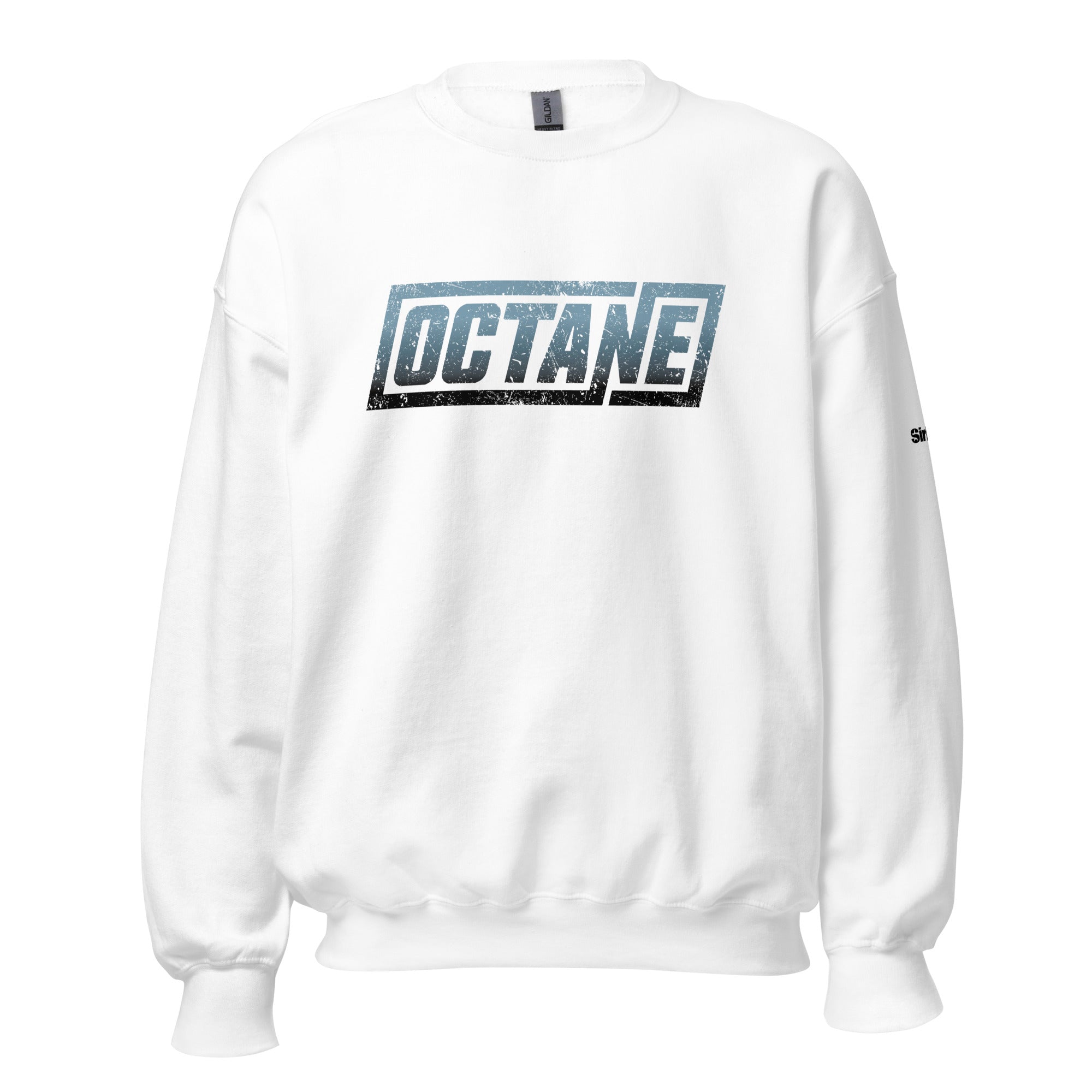 White sweatshirt featuring a blue and black 'OCTANE' logo printed on the front.