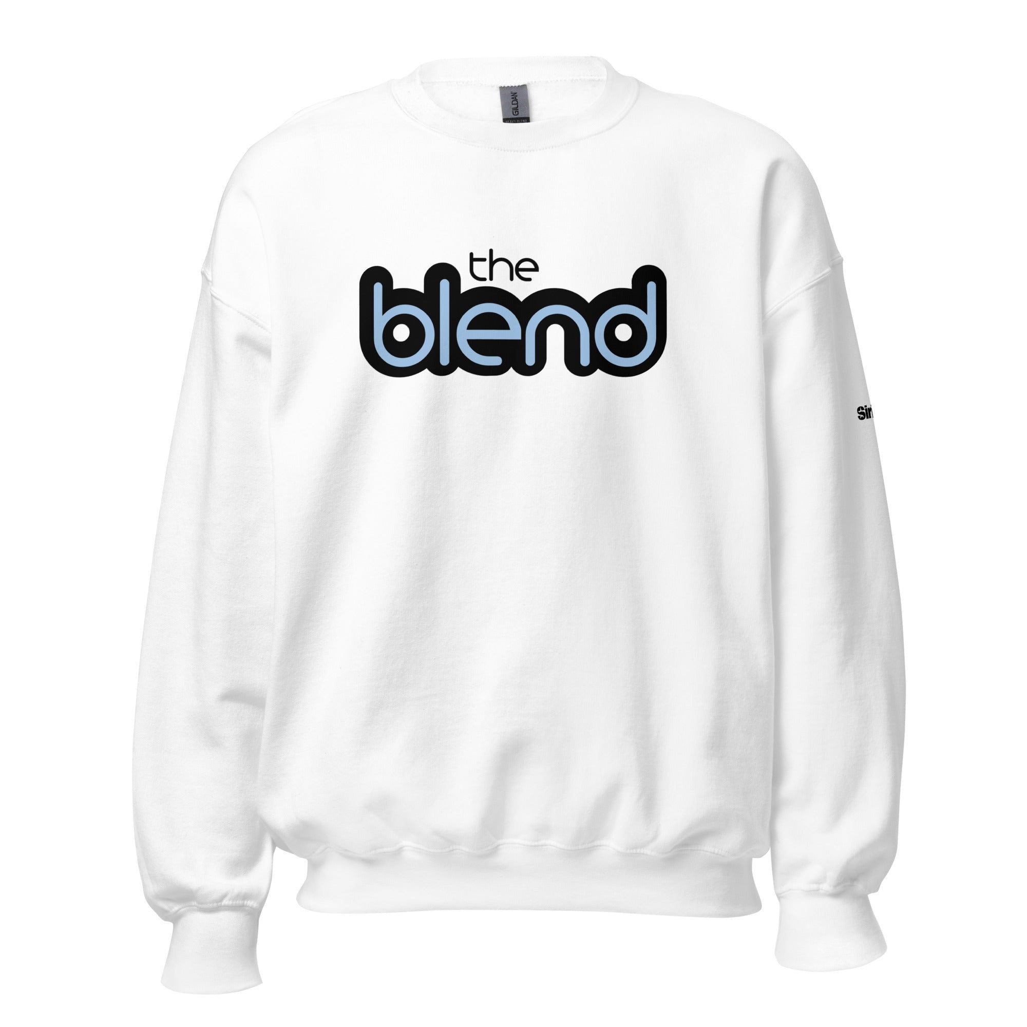 White sweatshirt featuring the graphic text 'the blend' in black and light blue.