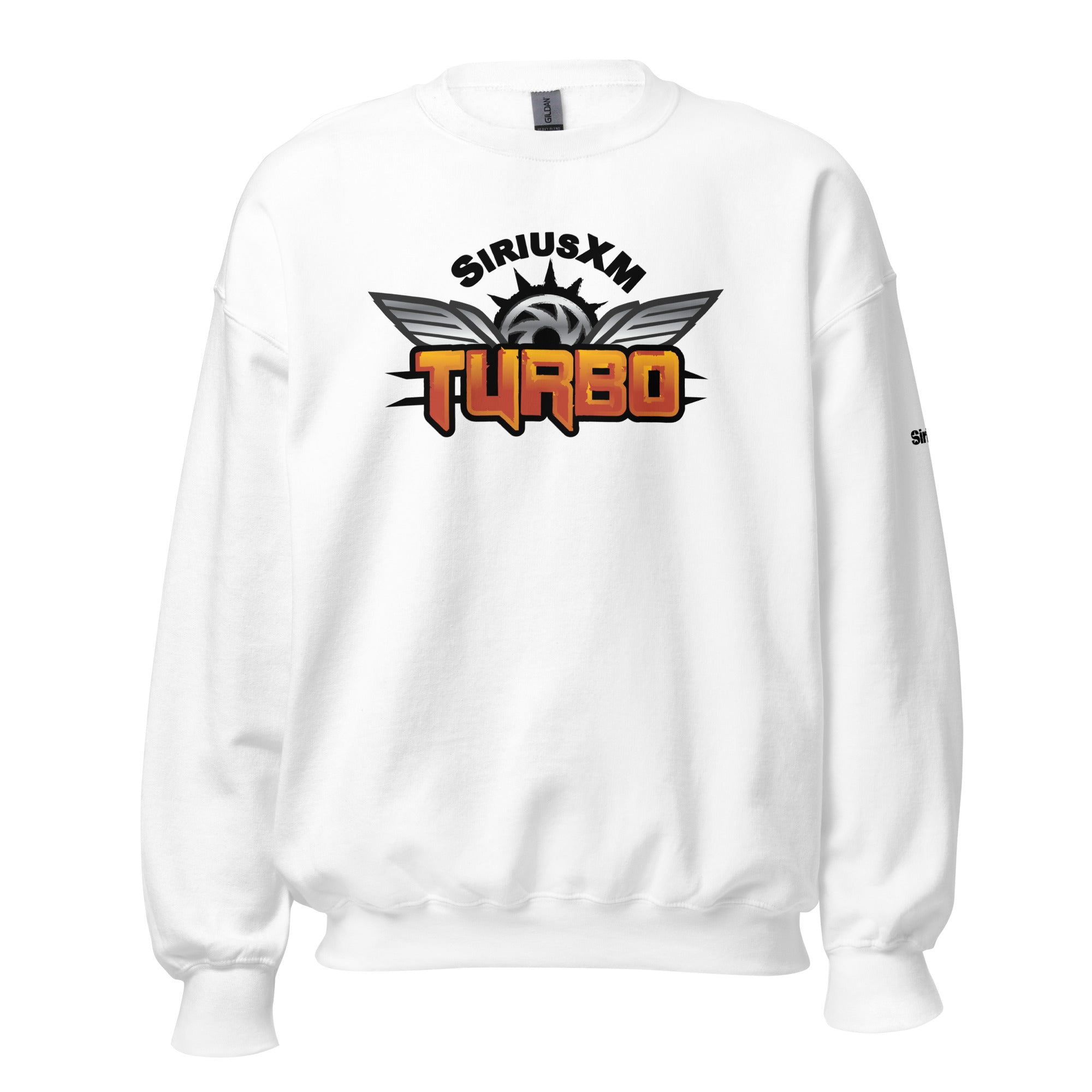 White sweatshirt featuring 'SIRIUSXM TURBO' logo with wings.