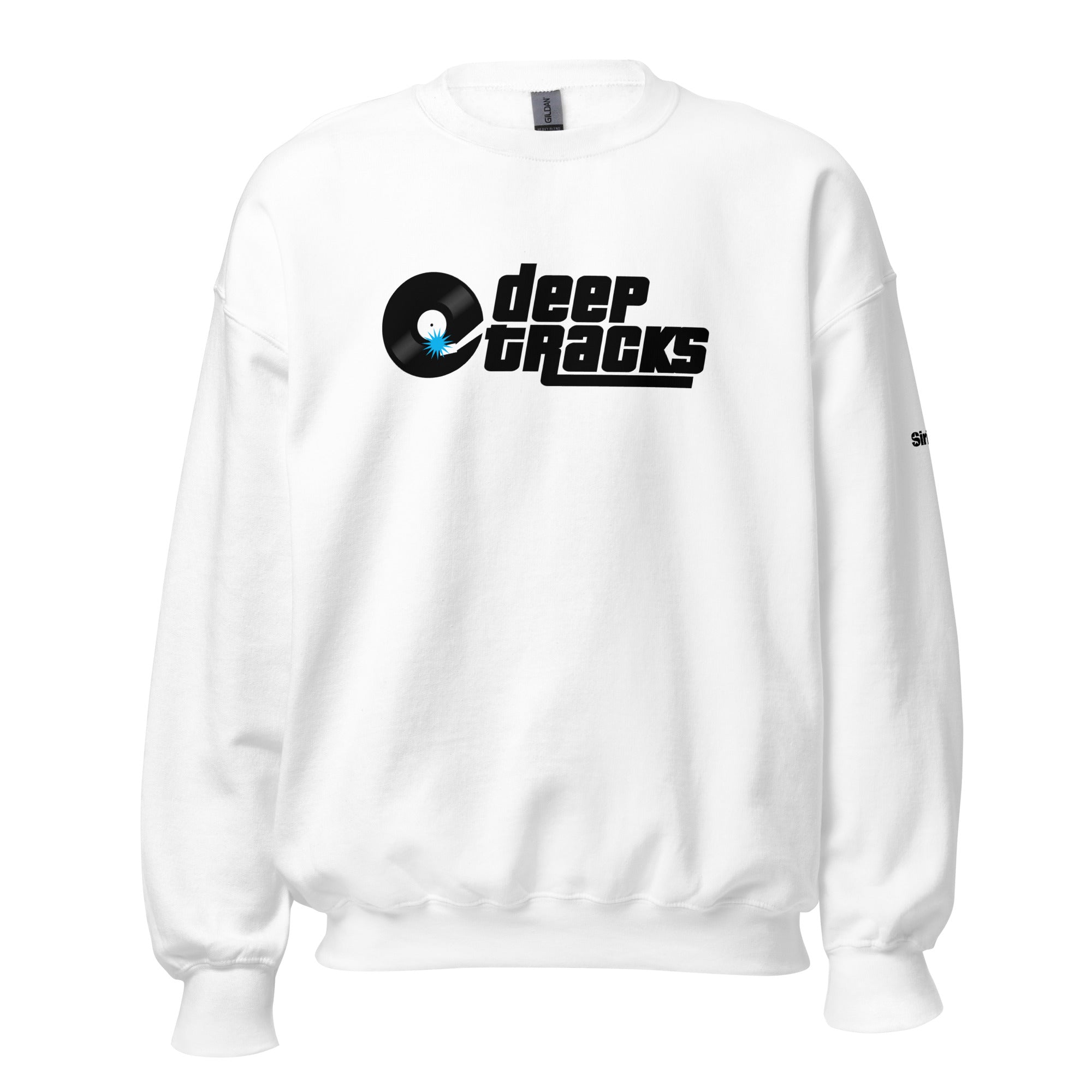 White sweatshirt with 'deep tracks' logo featuring a vinyl record design.