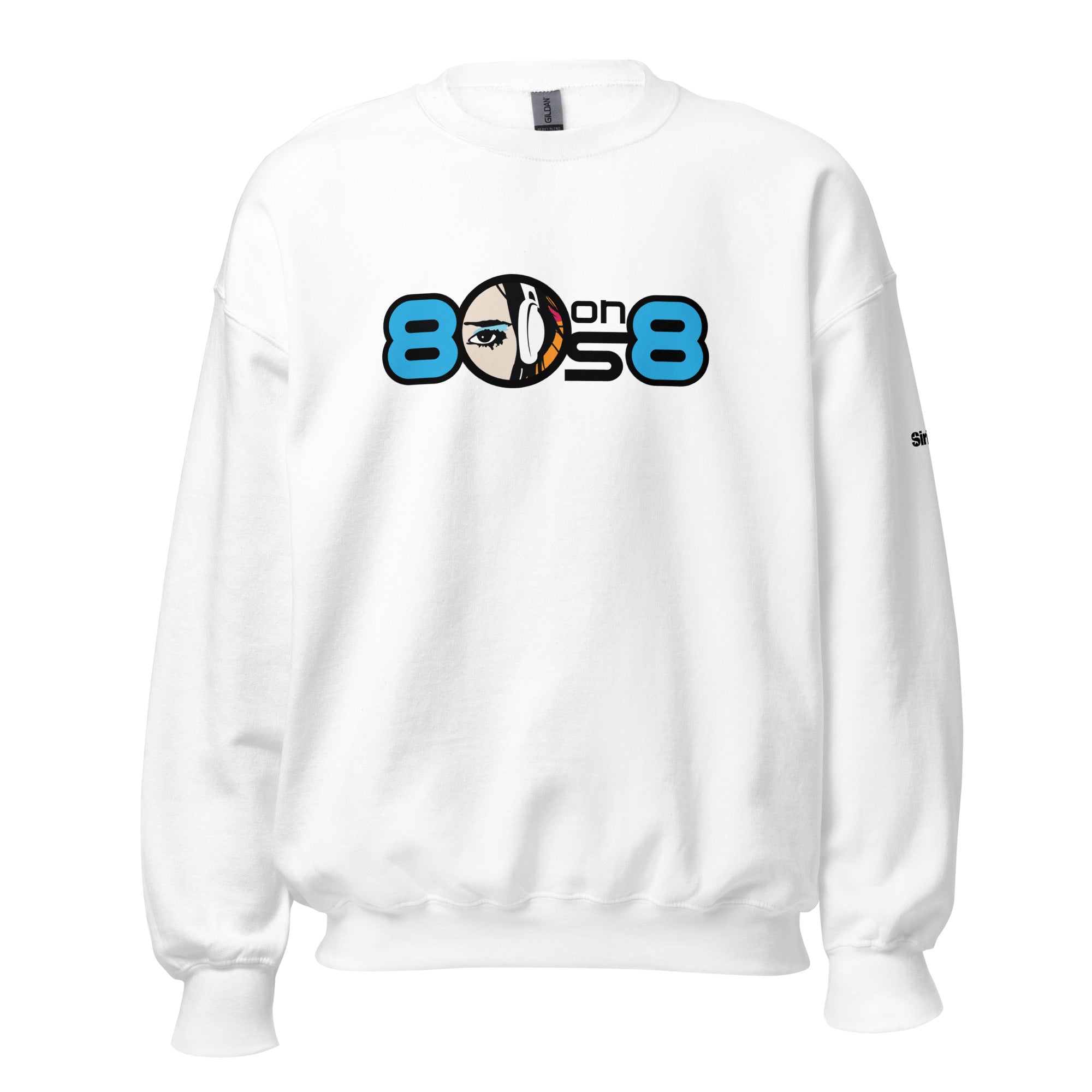 White sweatshirt featuring '80s on 8' graphic with a headphone-wearing character illustration.
