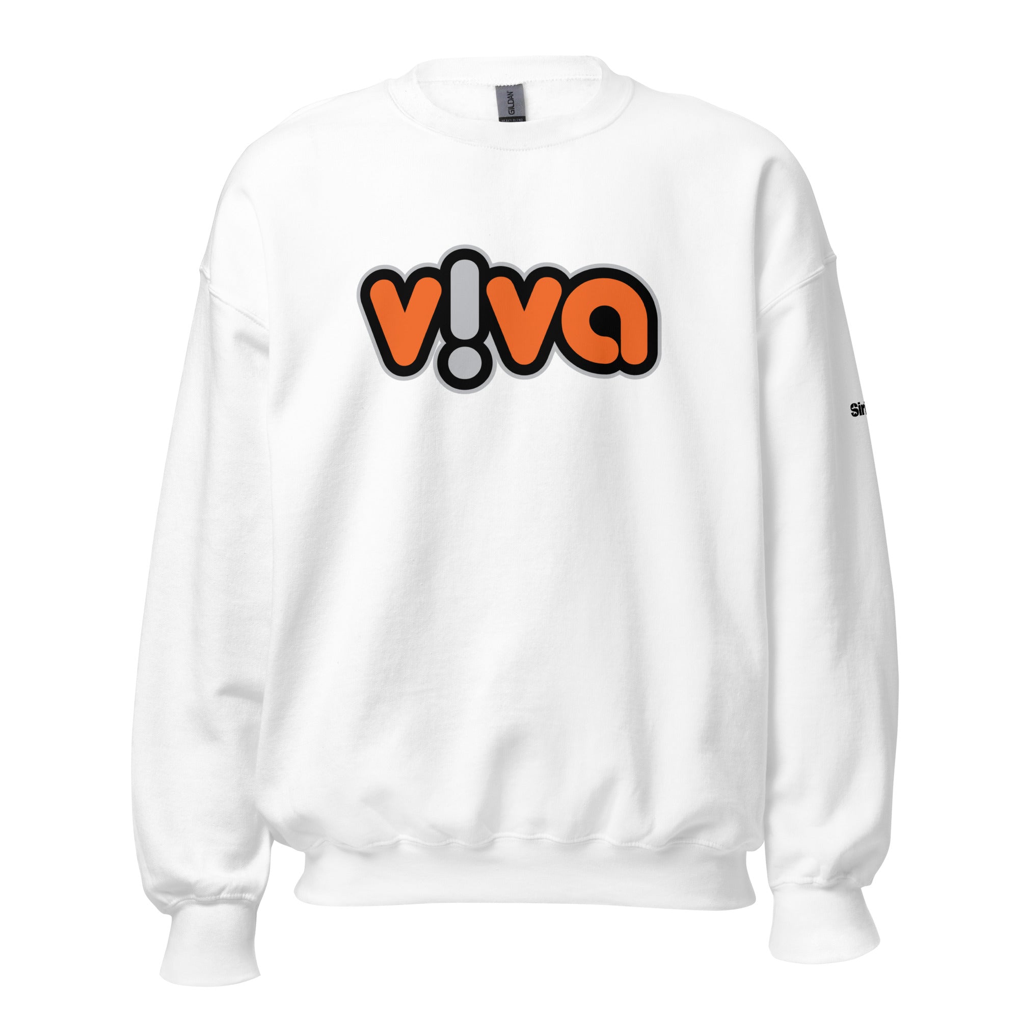 White sweatshirt featuring a bold 'v!va' logo in black, orange and grey.