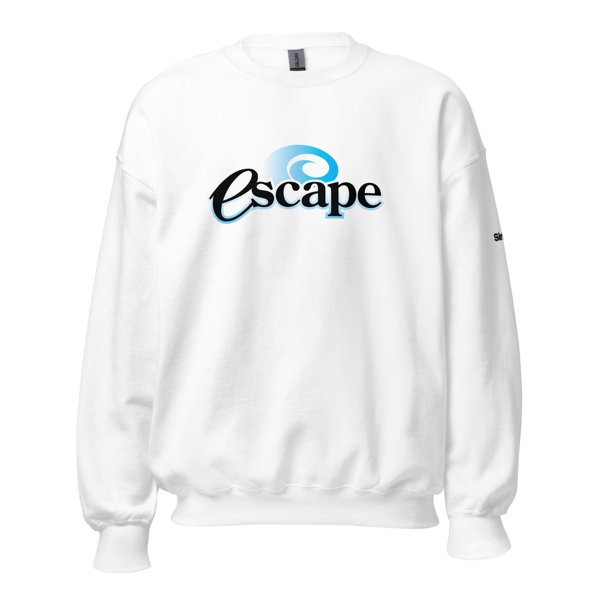 White sweatshirt featuring the word 'Escape' in a stylized font with blue accents.