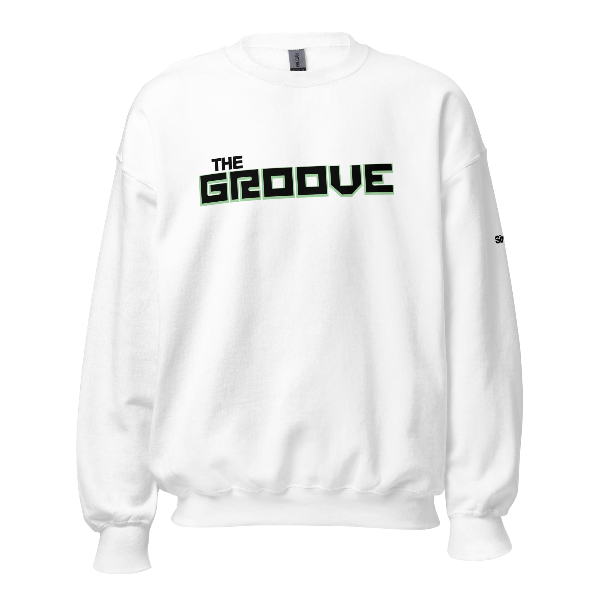 White sweatshirt with 'THE GROOVE' printed in black and green letters on the front.