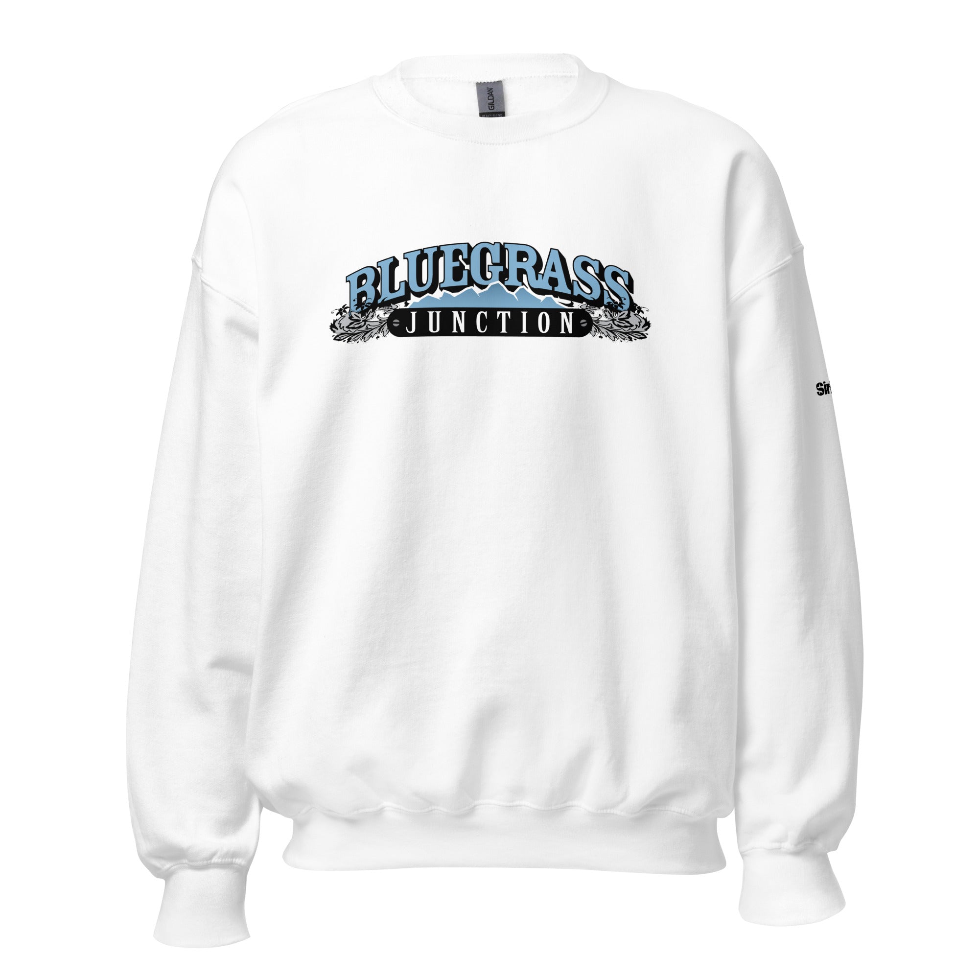 White sweatshirt with 'BLUEGRASS JUNCTION' printed in blue and black text.