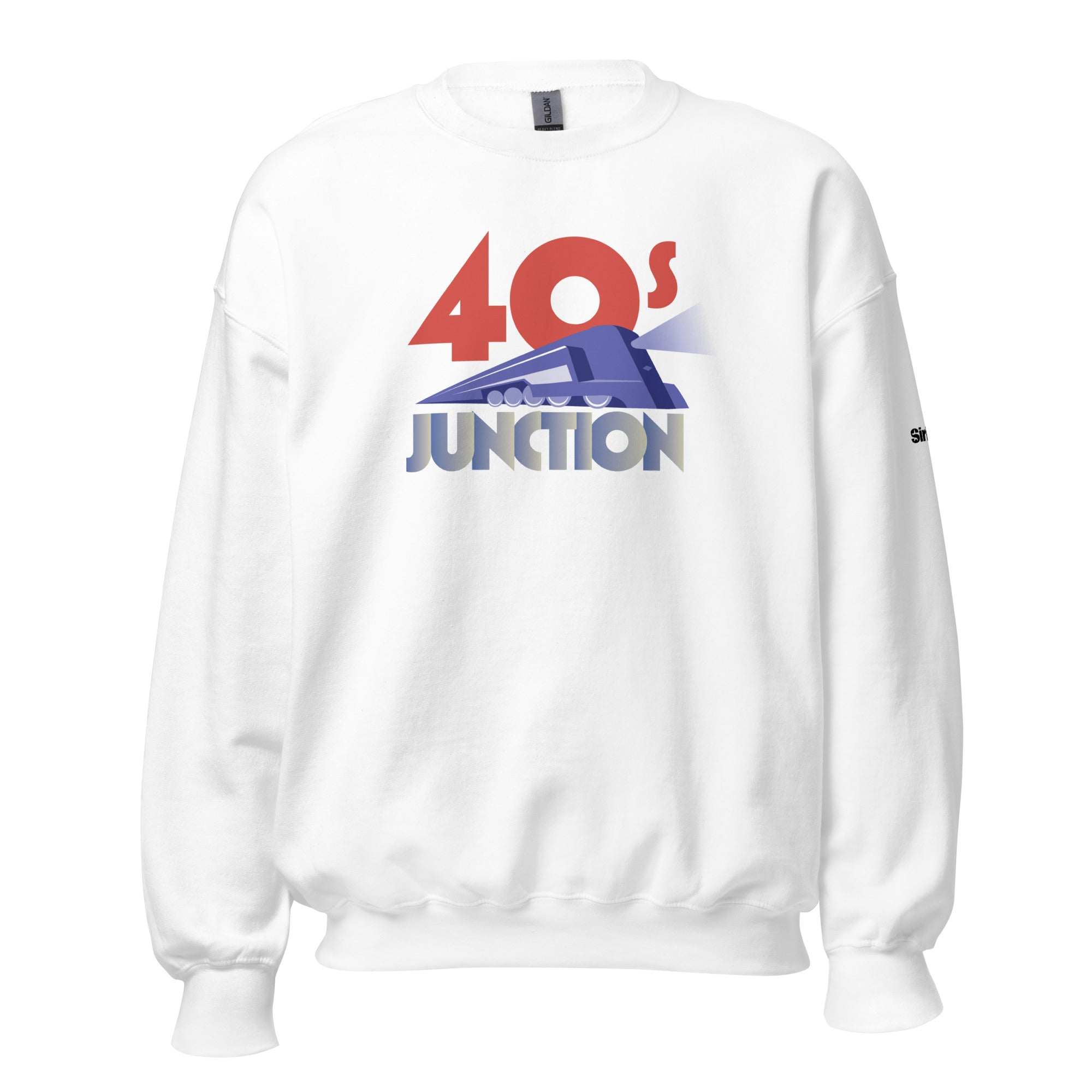 White sweatshirt featuring bold graphics of '40s JUNCTION' and a stylized train design.