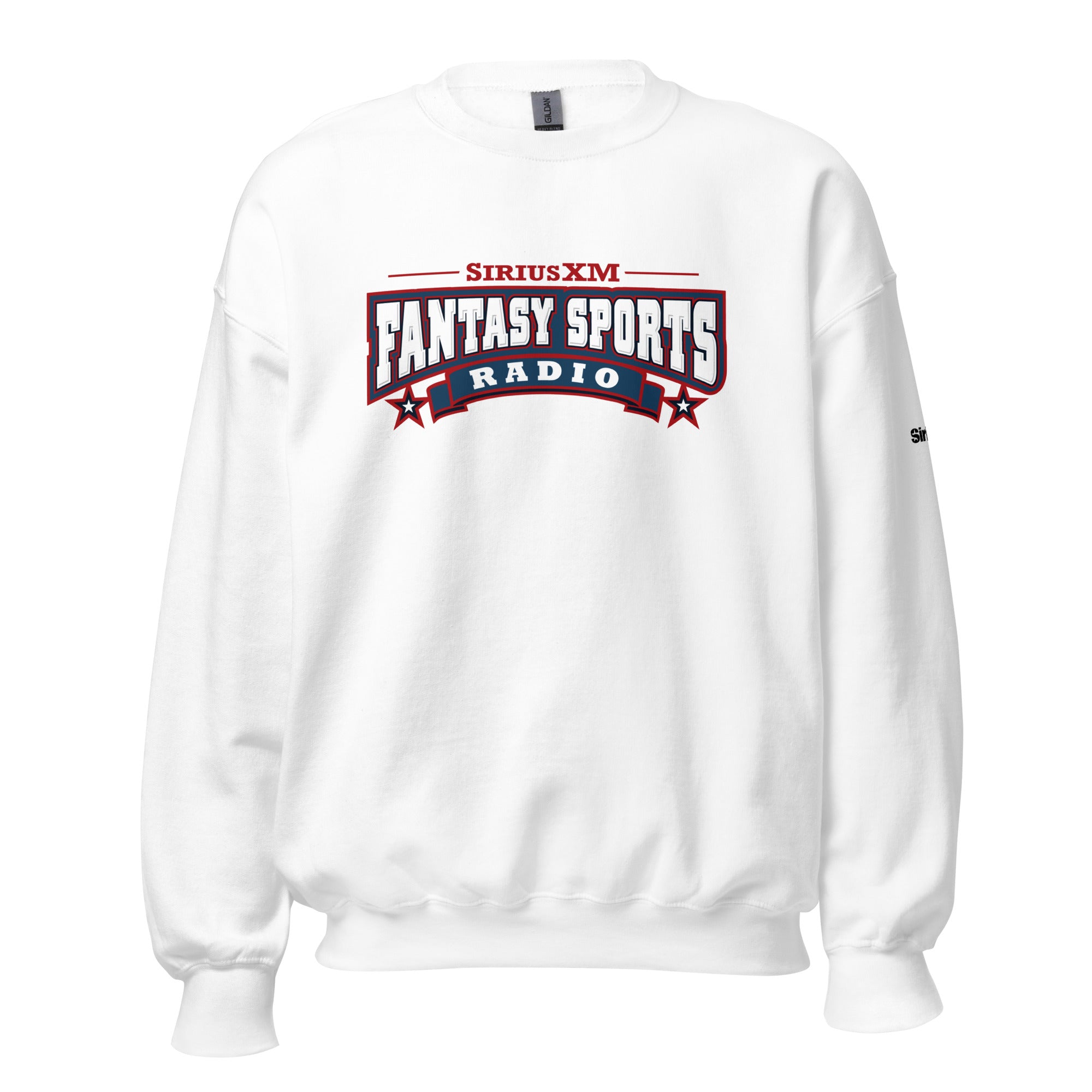 White sweatshirt featuring 'SiriusXM Fantasy Sports Radio' logo in red, white and blue.
