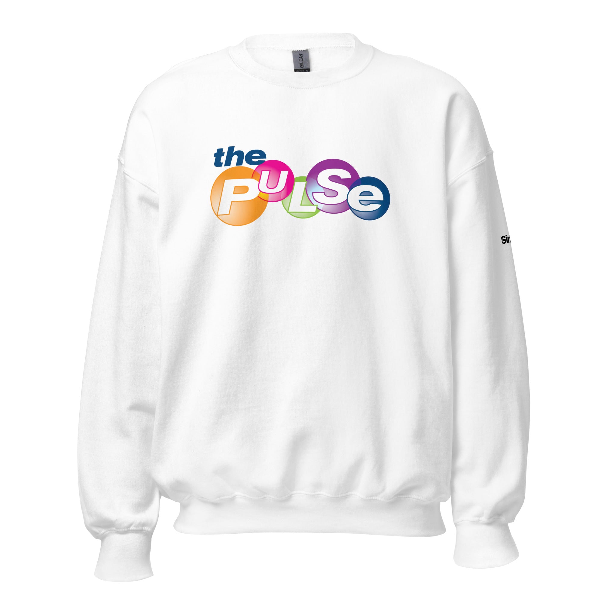 White sweatshirt featuring colorful 'the PULSE' graphic design on the front.