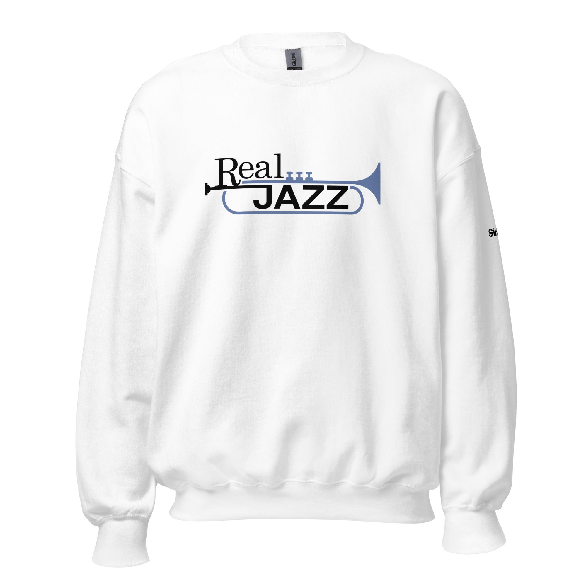 White sweatshirt featuring a 'Real JAZZ' design in black and light blue with a trumpet graphic.