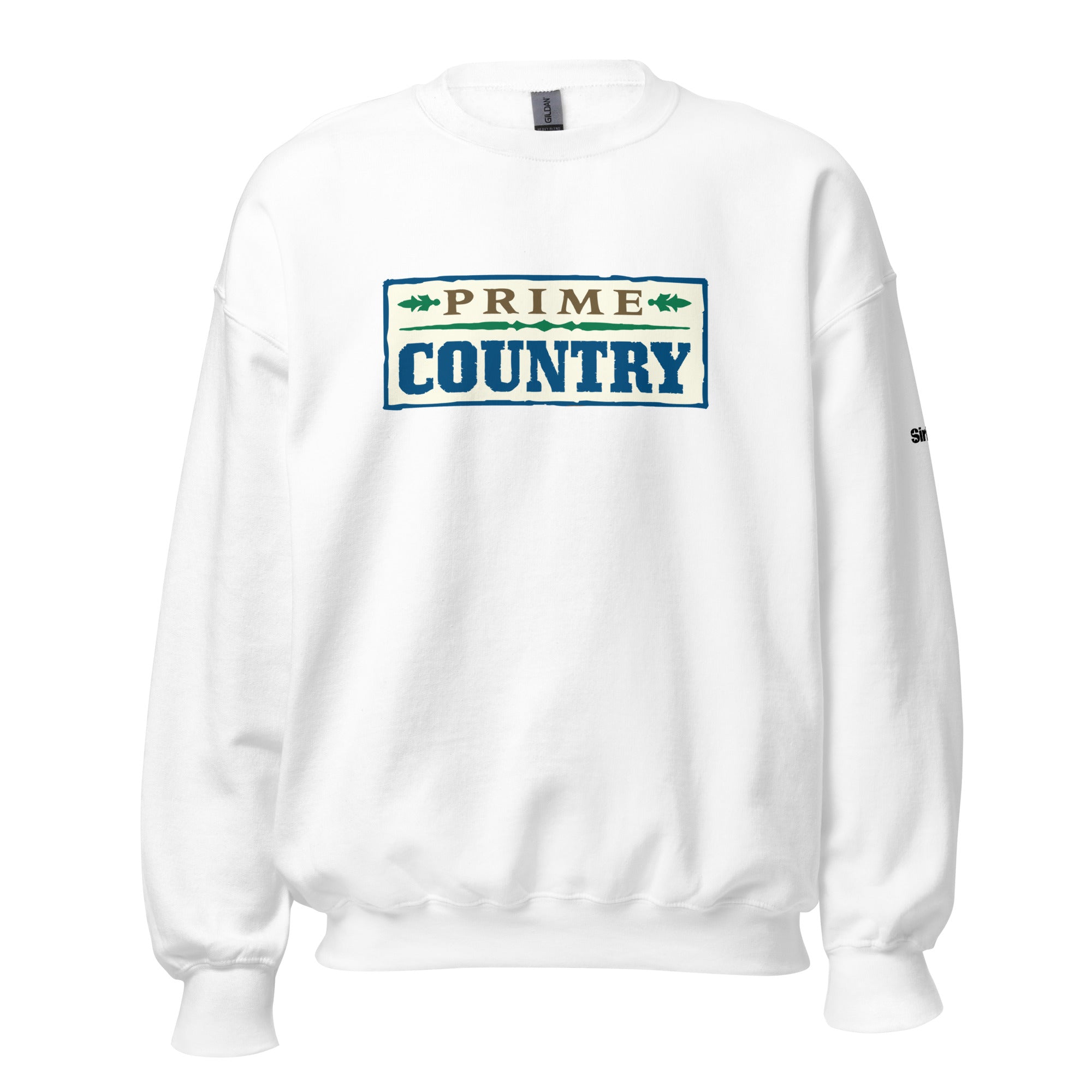 White sweatshirt featuring the text 'PRIME COUNTRY' in a bold, blue, green and brown design.