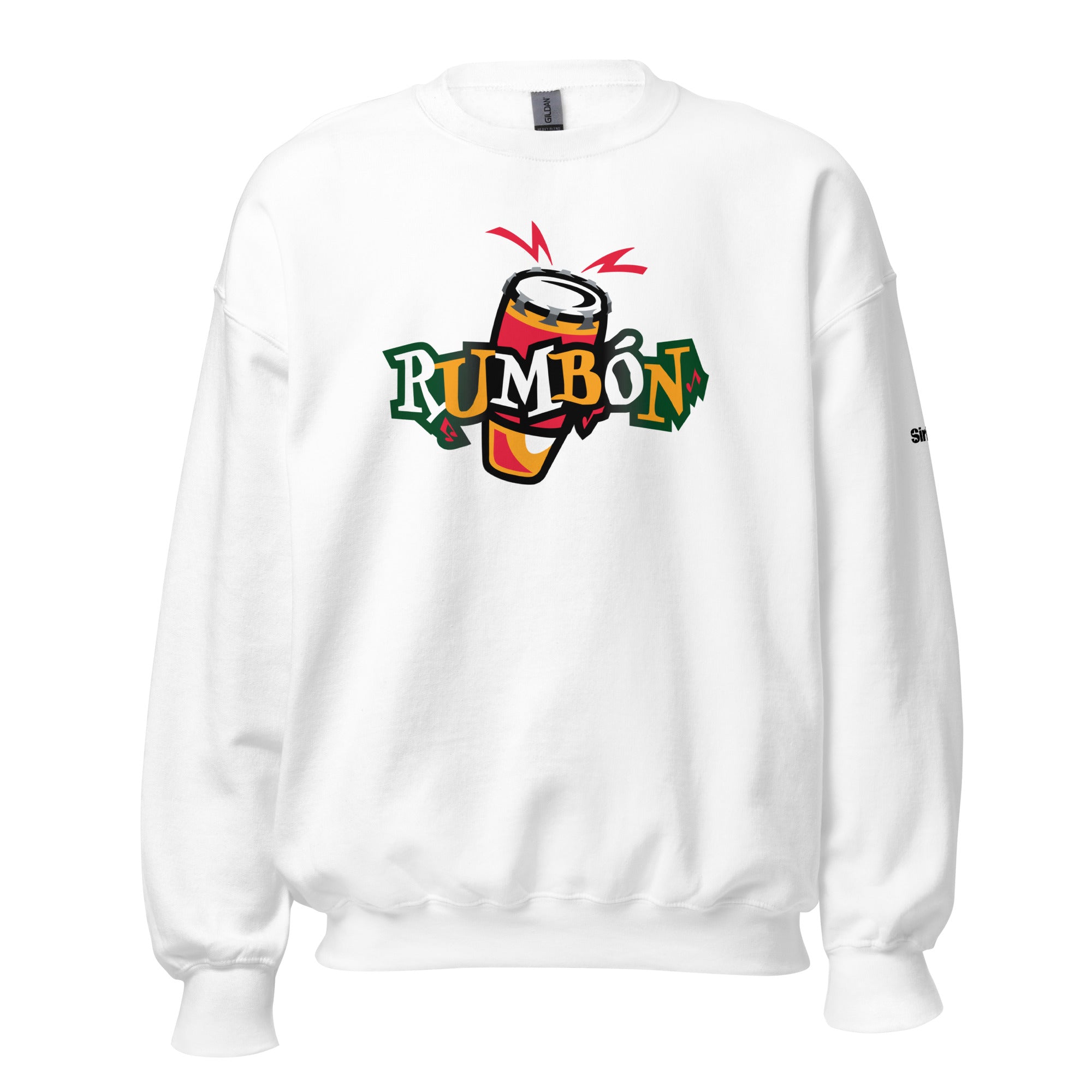 White sweatshirt featuring a colorful 'Rumbón' logo with a drum design.