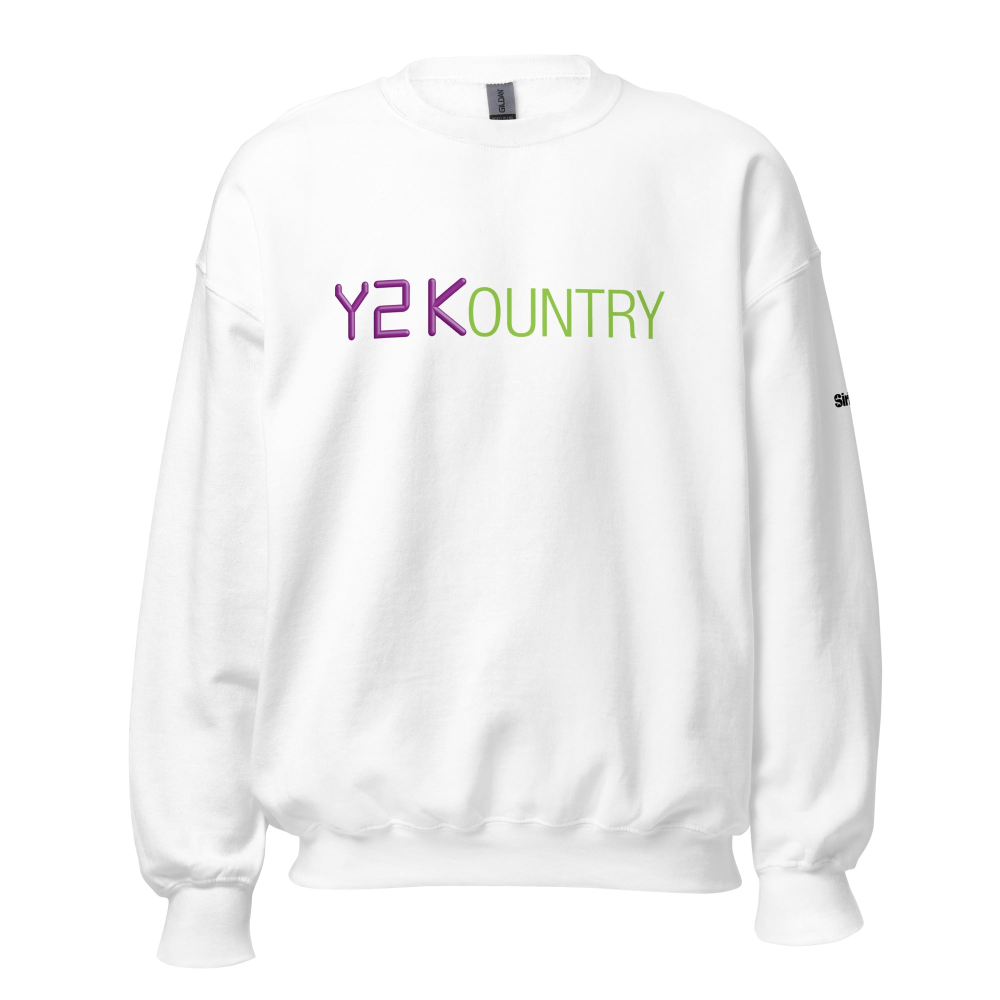 White sweatshirt featuring the text 'Y2KOUNTRY' in vivid purple and green letters.