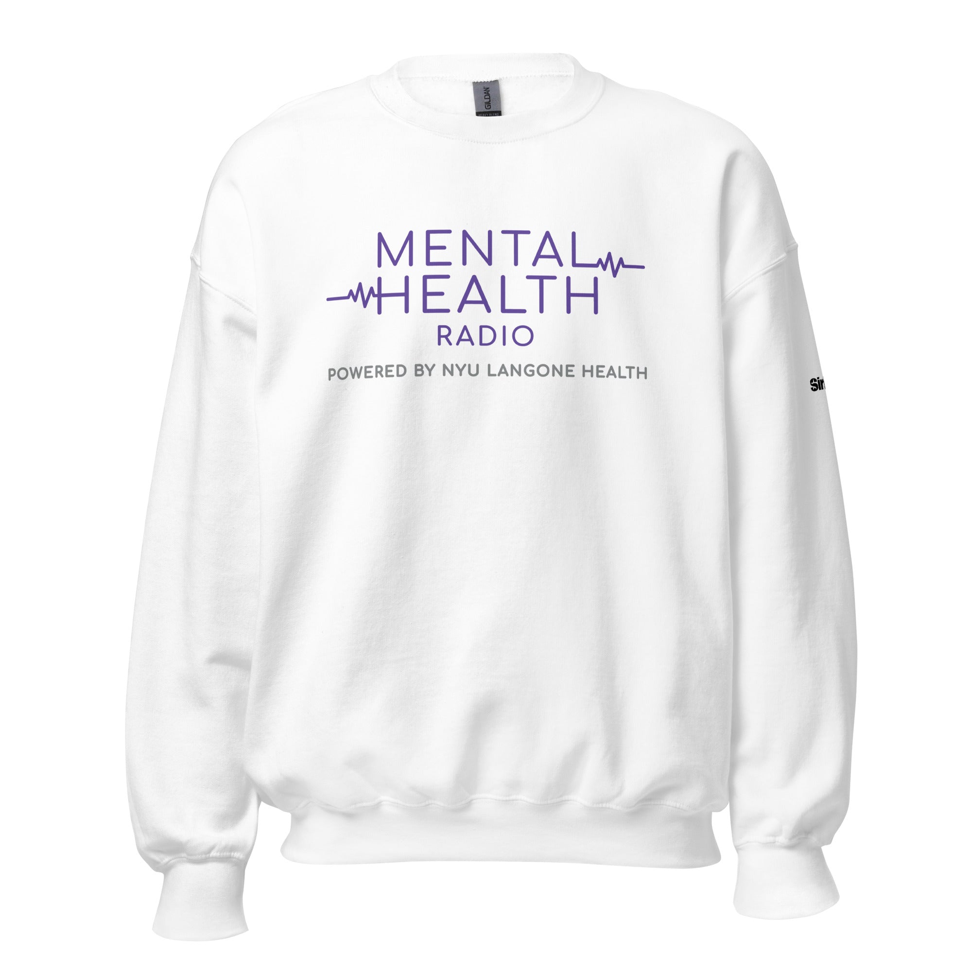White sweatshirt with 'MENTAL HEALTH RADIO' and 'powered by NYU Langone Health' printed in purple and gray.
