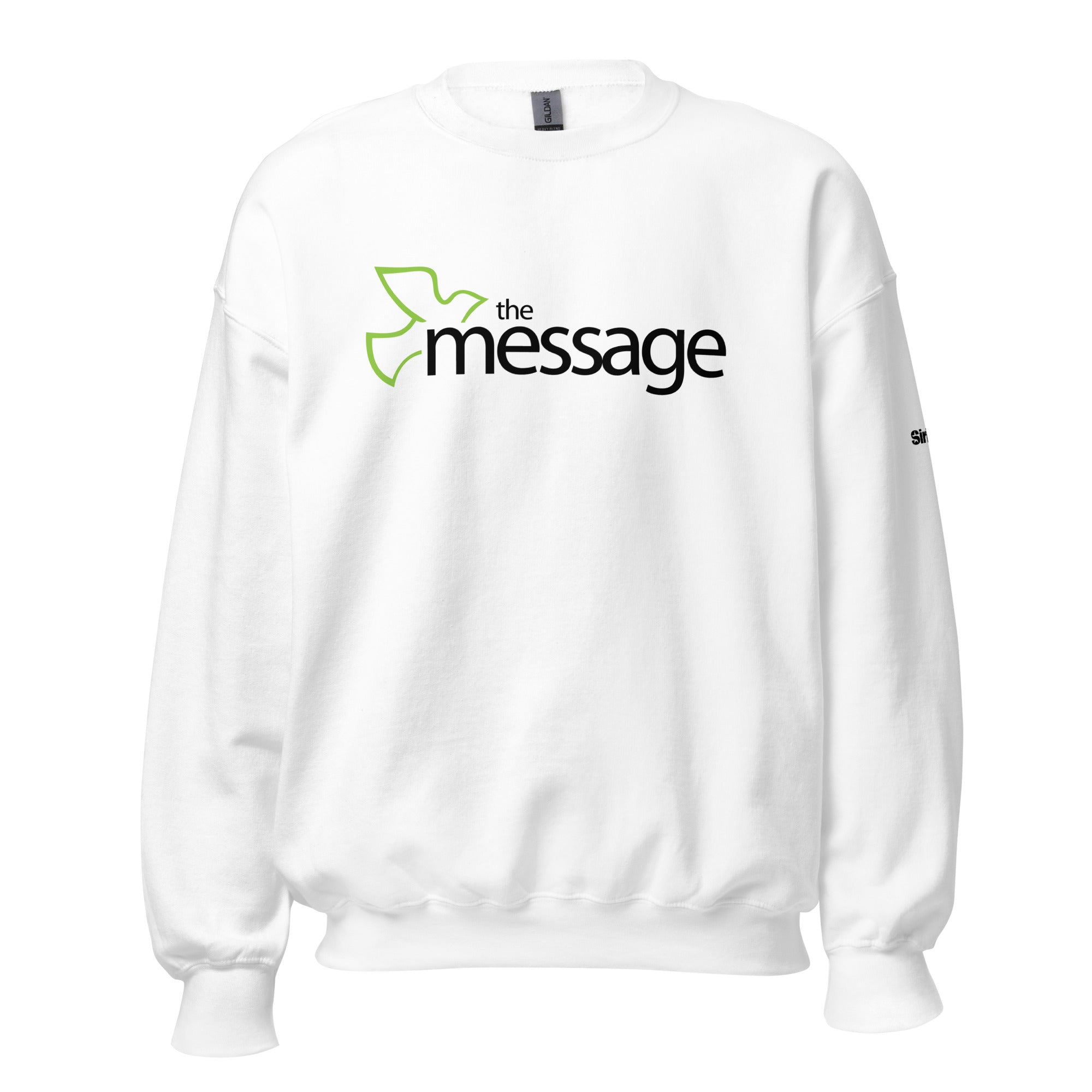 White sweatshirt featuring 'the message' logo in black with green bird graphic.