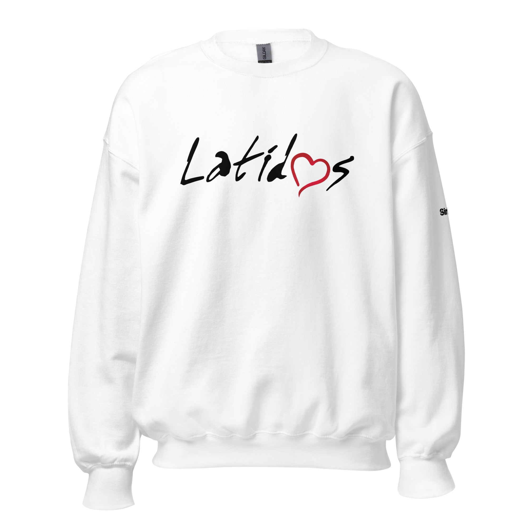 White sweatshirt with 'Latidos' printed in black with red heart graphic.