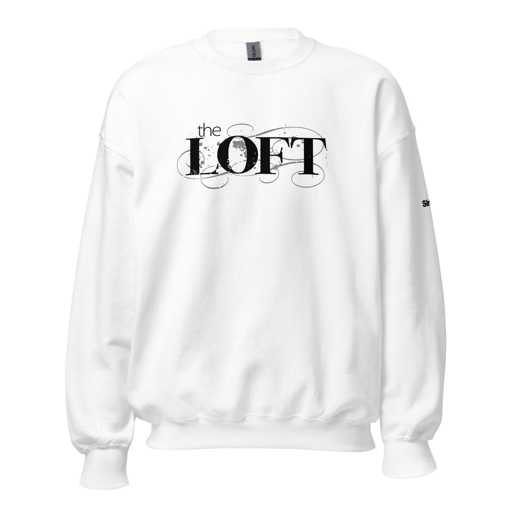 White sweatshirt with 'the LOFT' printed in bold, artistic font.