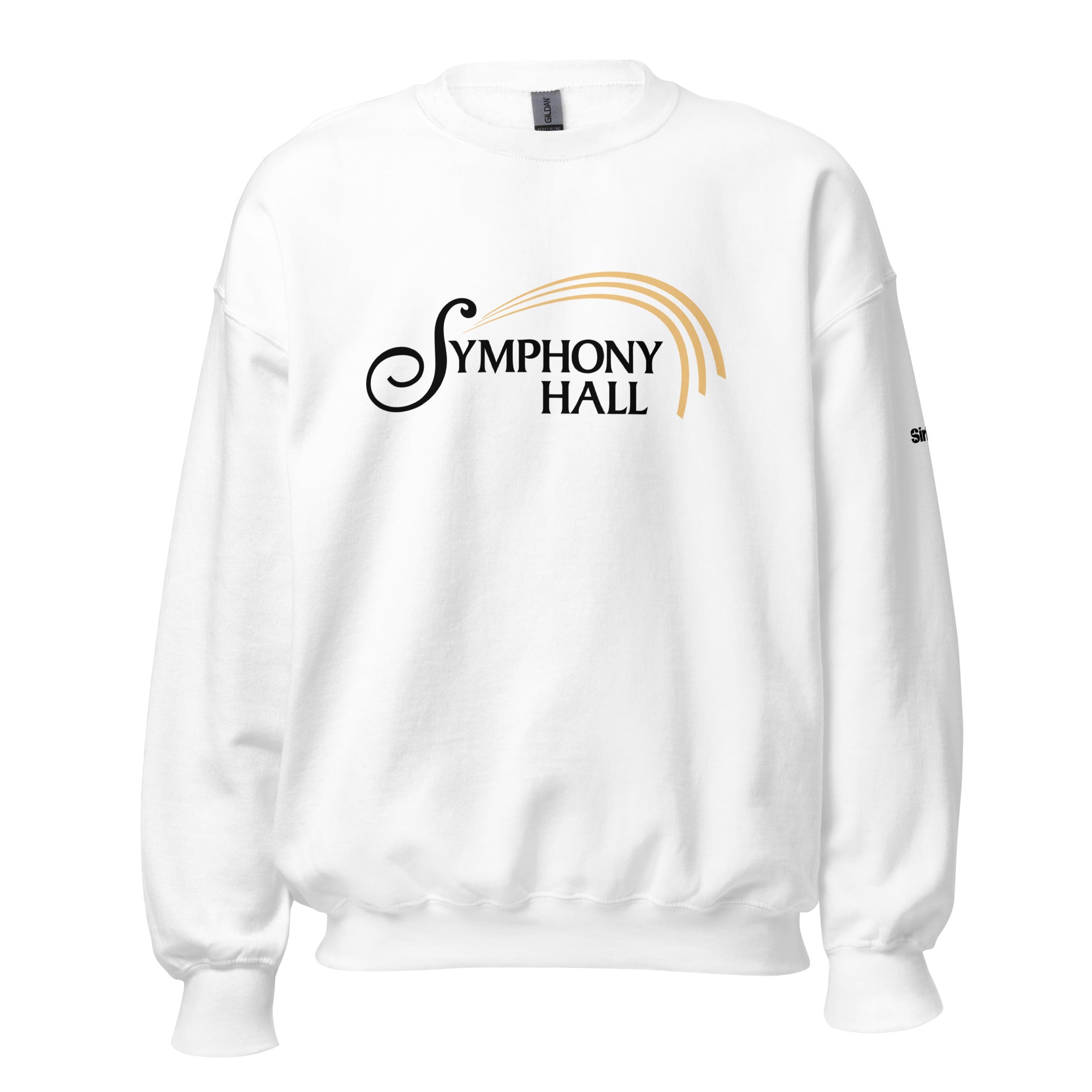 White sweatshirt featuring the text 'SYMPHONY HALL' with decorative lines in gold.