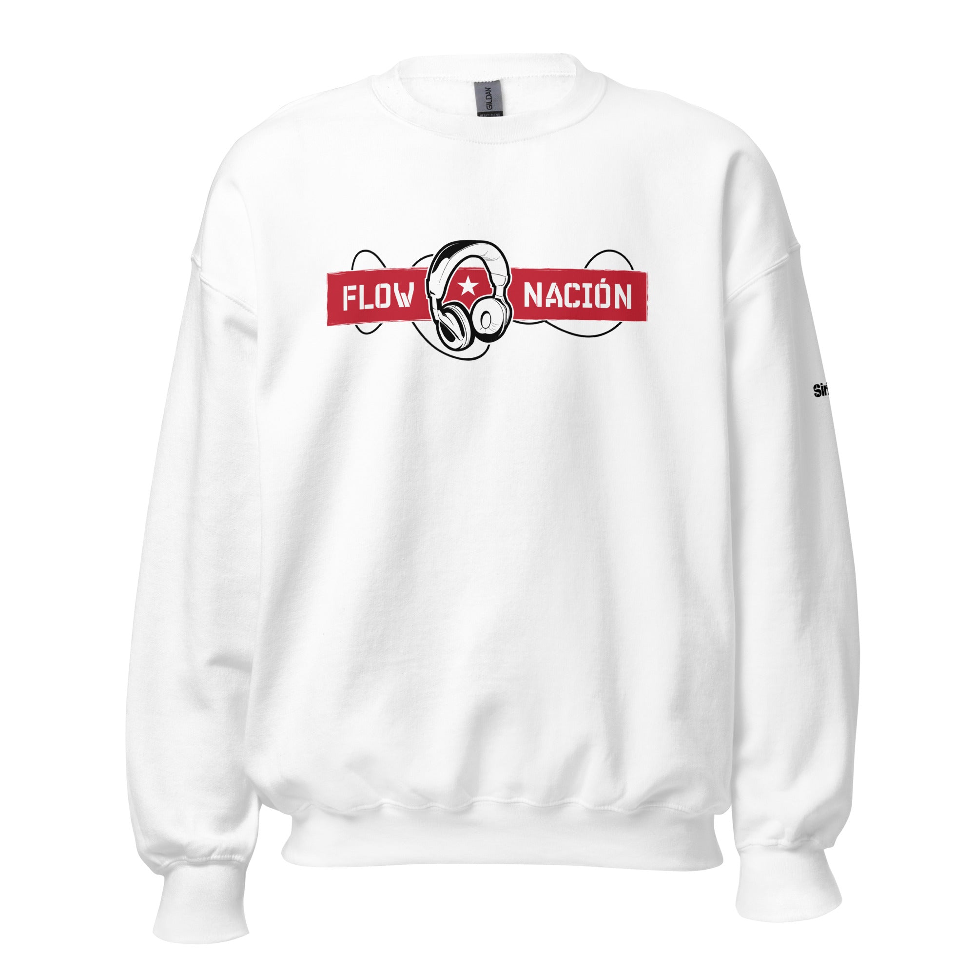 White sweatshirt featuring the text 'FLOW NACIÓN' in red and black and a graphic of headphones in the center.