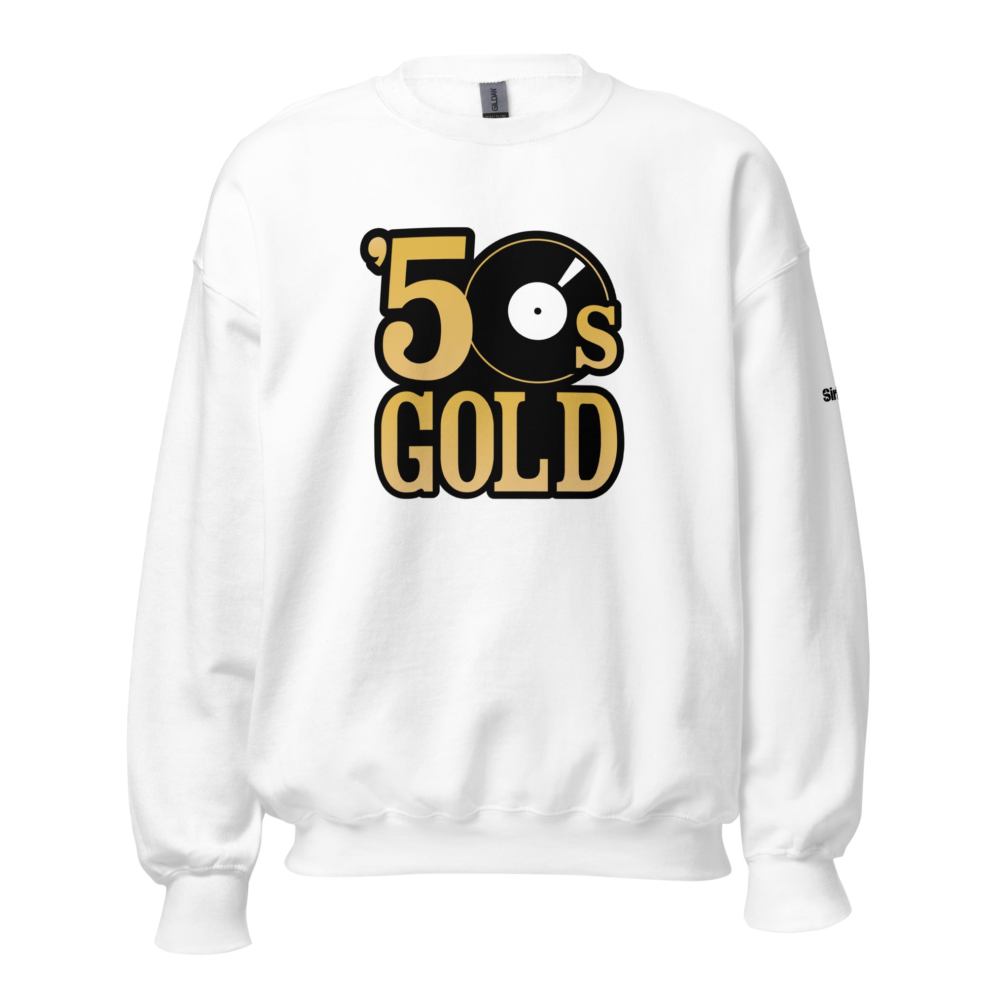 White sweatshirt featuring the text ''50s GOLD' in gold, black, and white with a vinyl record graphic.