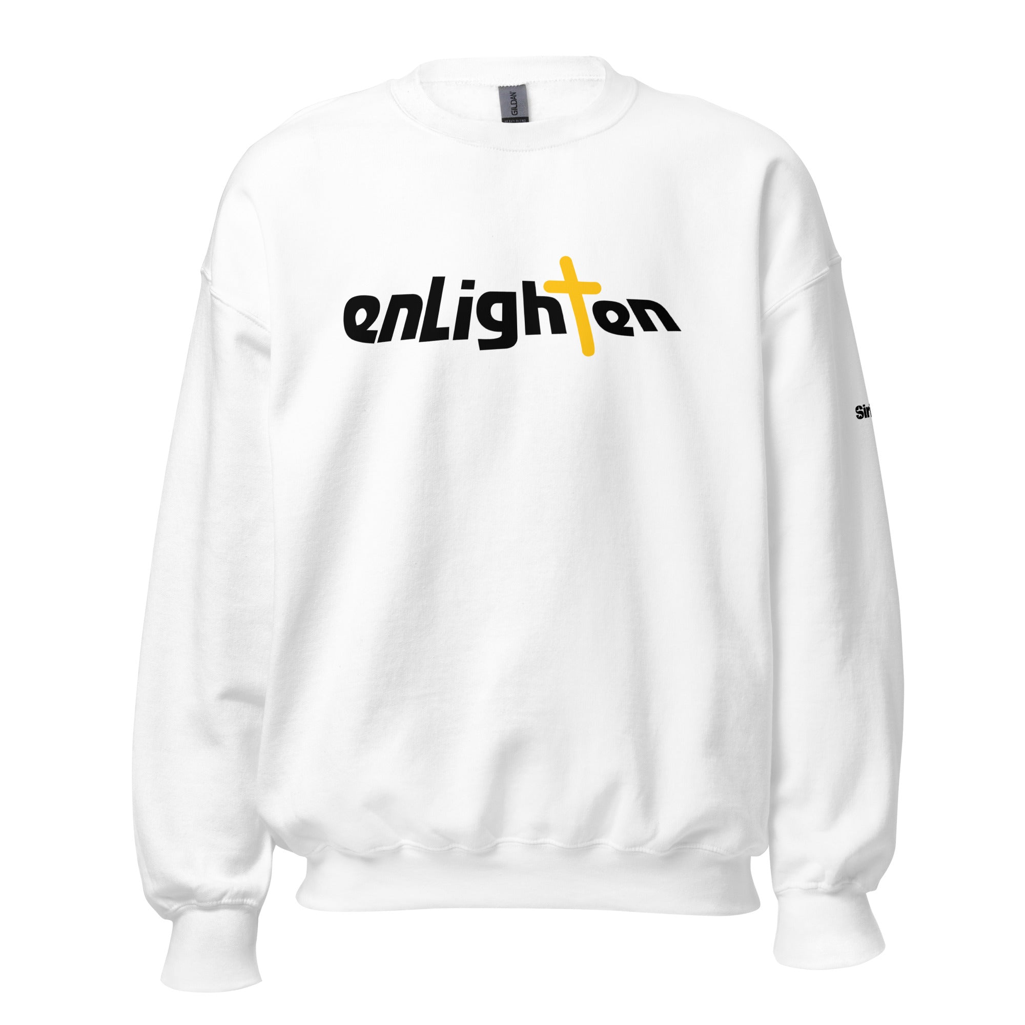 White sweatshirt with 'enLighten' printed in black and yellow, featuring a cross in place of the 't.'