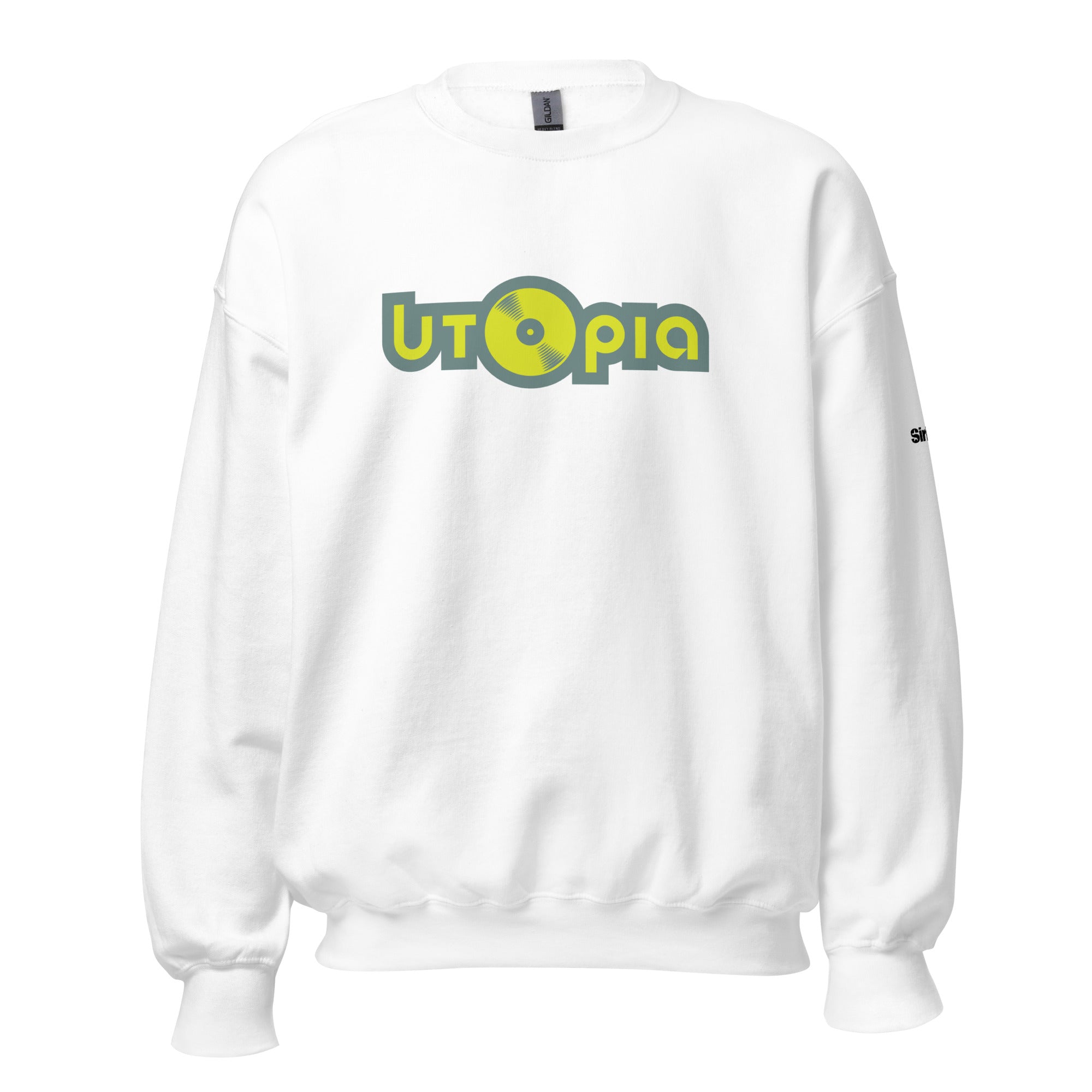 White sweatshirt featuring bold 'Utopia' logo with a green and yellow color scheme.