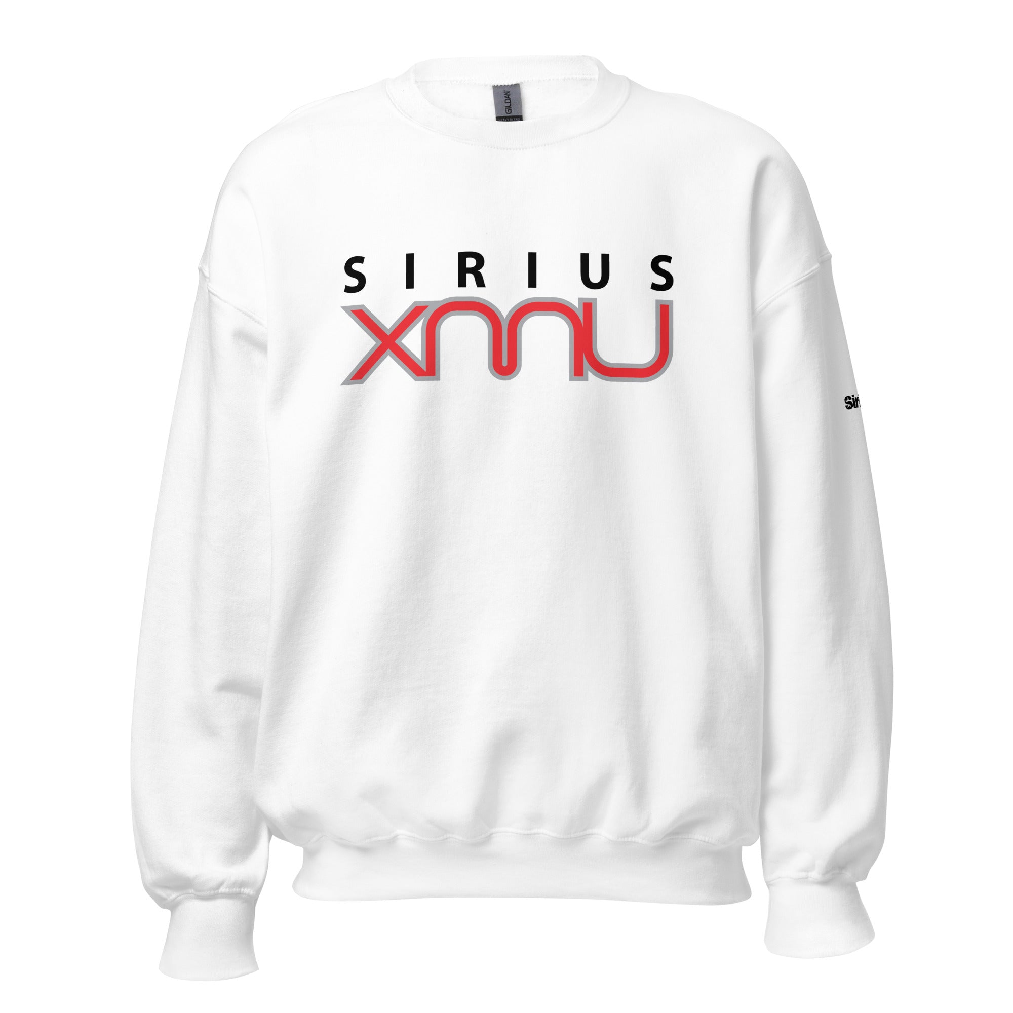 White sweatshirt featuring 'SIRIUS XMU' logo in black and red.