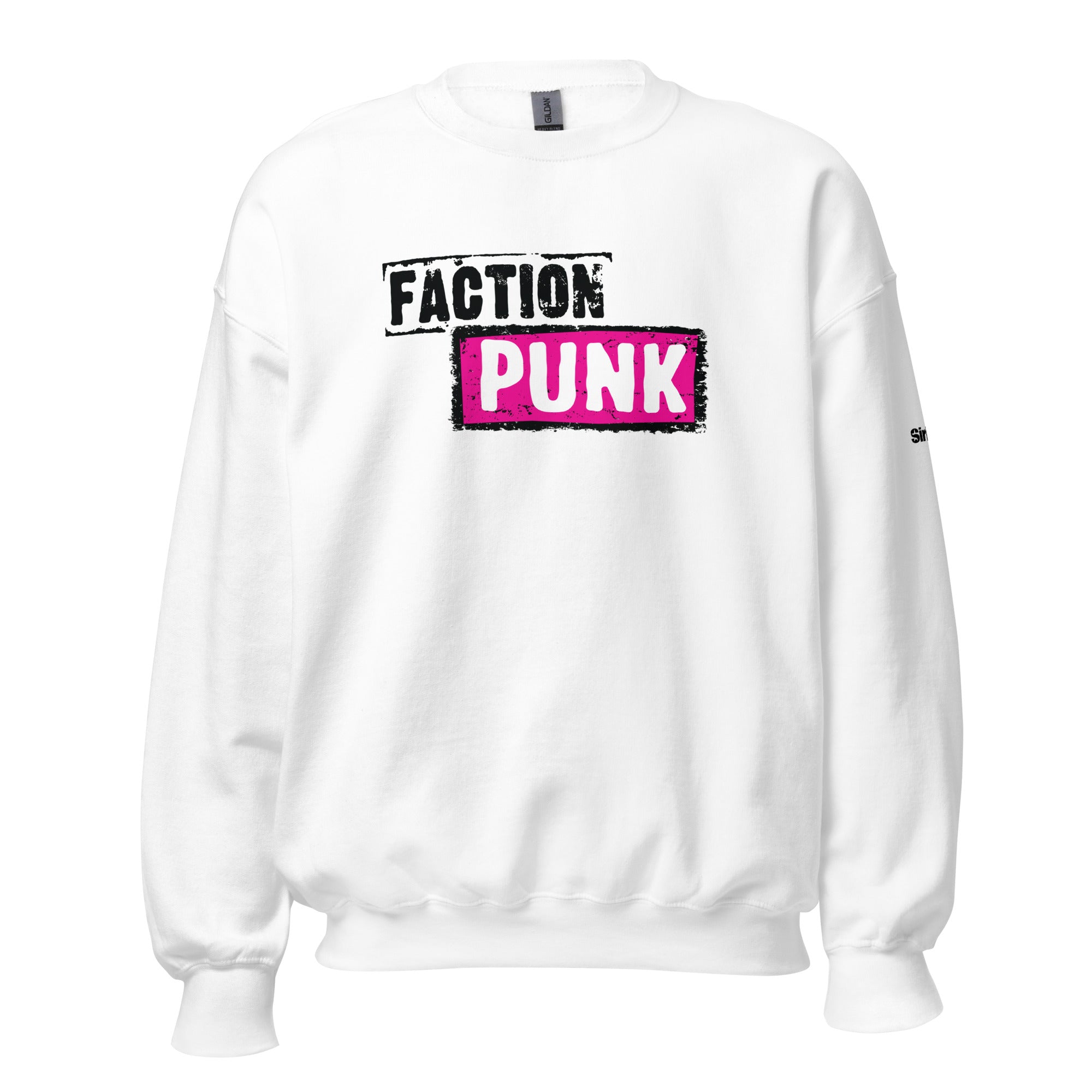White sweatshirt with 'FACTION' and 'PUNK' printed in black and pink.