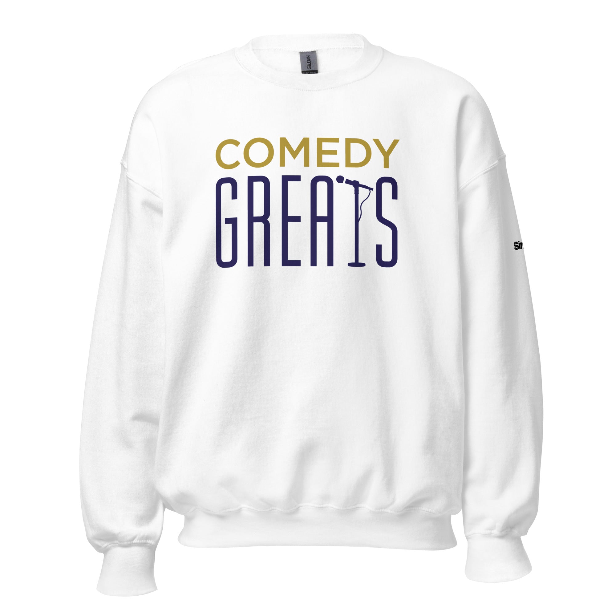 White sweatshirt with 'COMEDY GREATS' text in yellow and purple featuring a microphone graphic.