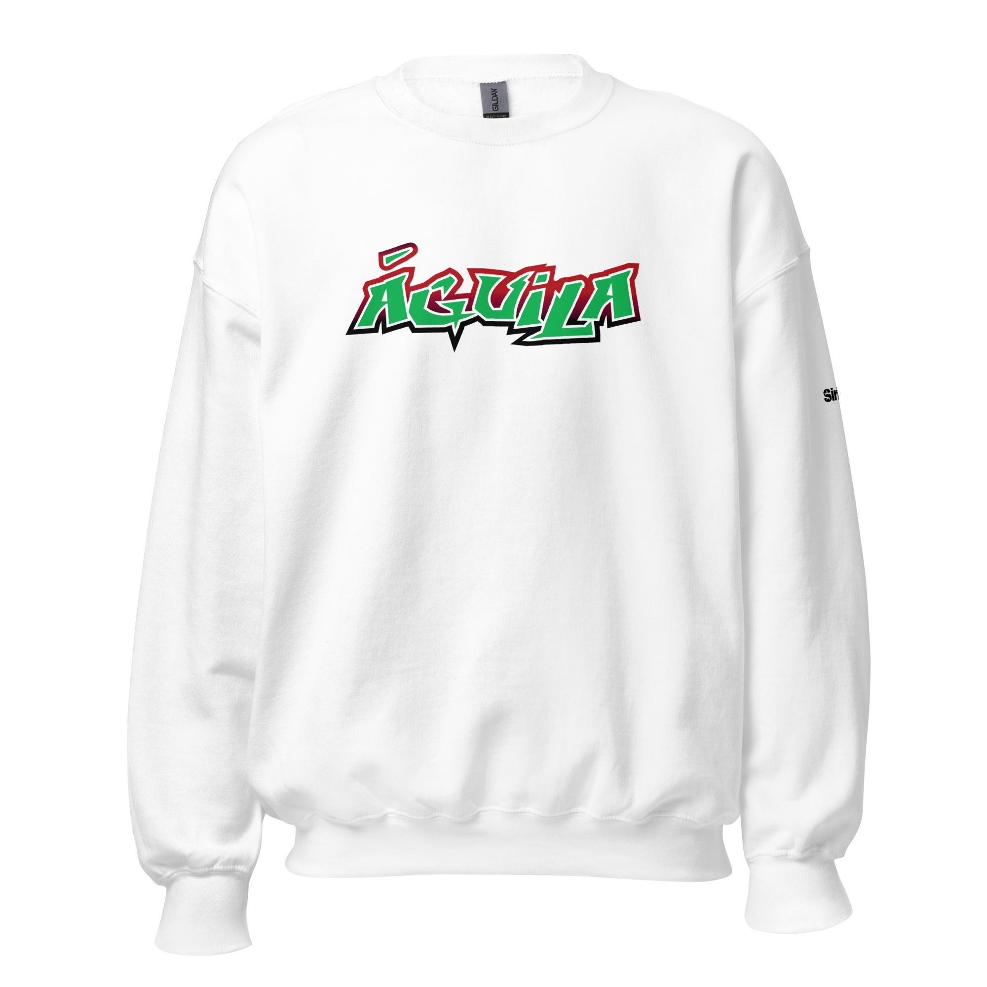 White sweatshirt featuring colorful 'Águila' graphic print on the front.
