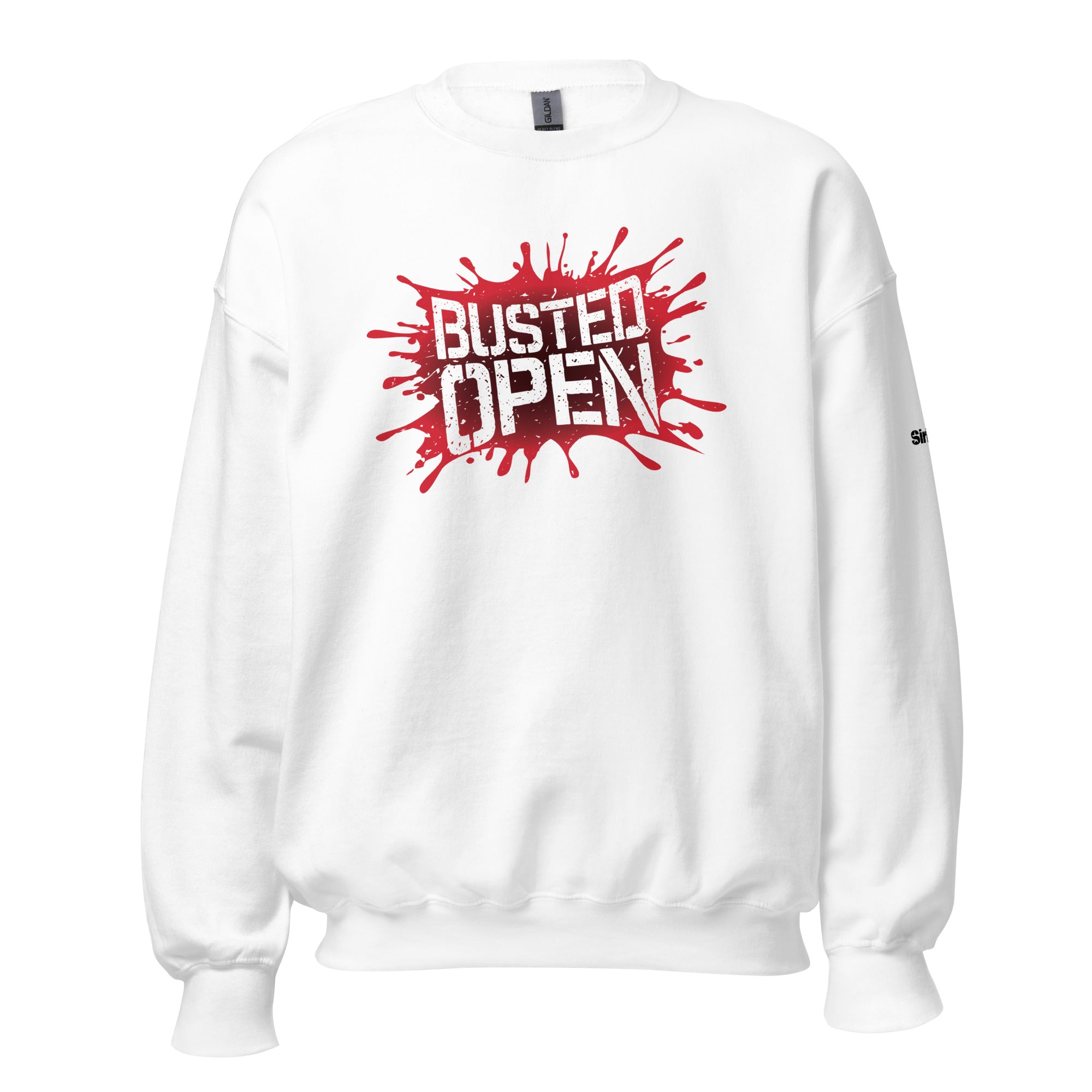 White sweatshirt with red 'BUSTED OPEN' graphic and splatter design.