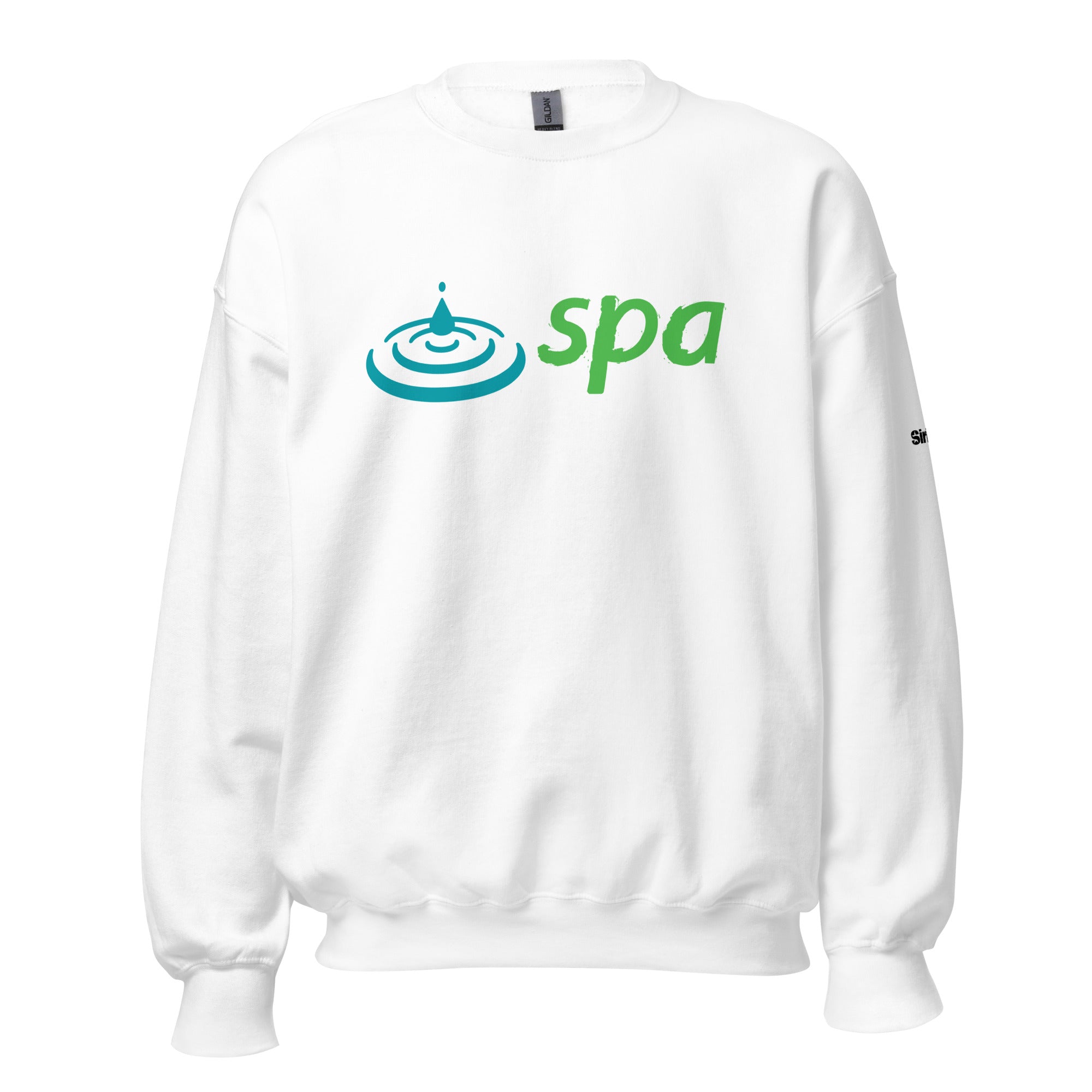 White sweatshirt with 'spa' logo featuring a water droplet and ripple design in green and blue.