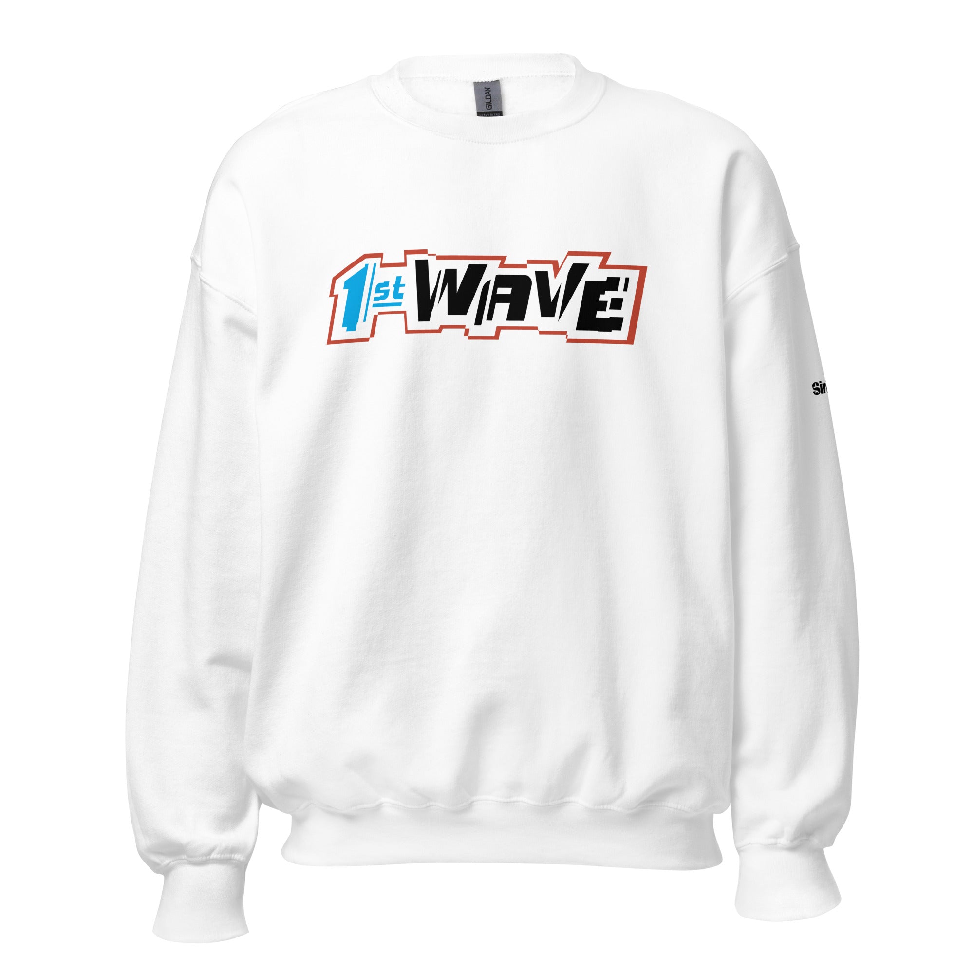 White sweatshirt featuring a bold '1st WAVE' graphic logo in bold, black and blue letters and red outline on the front.
