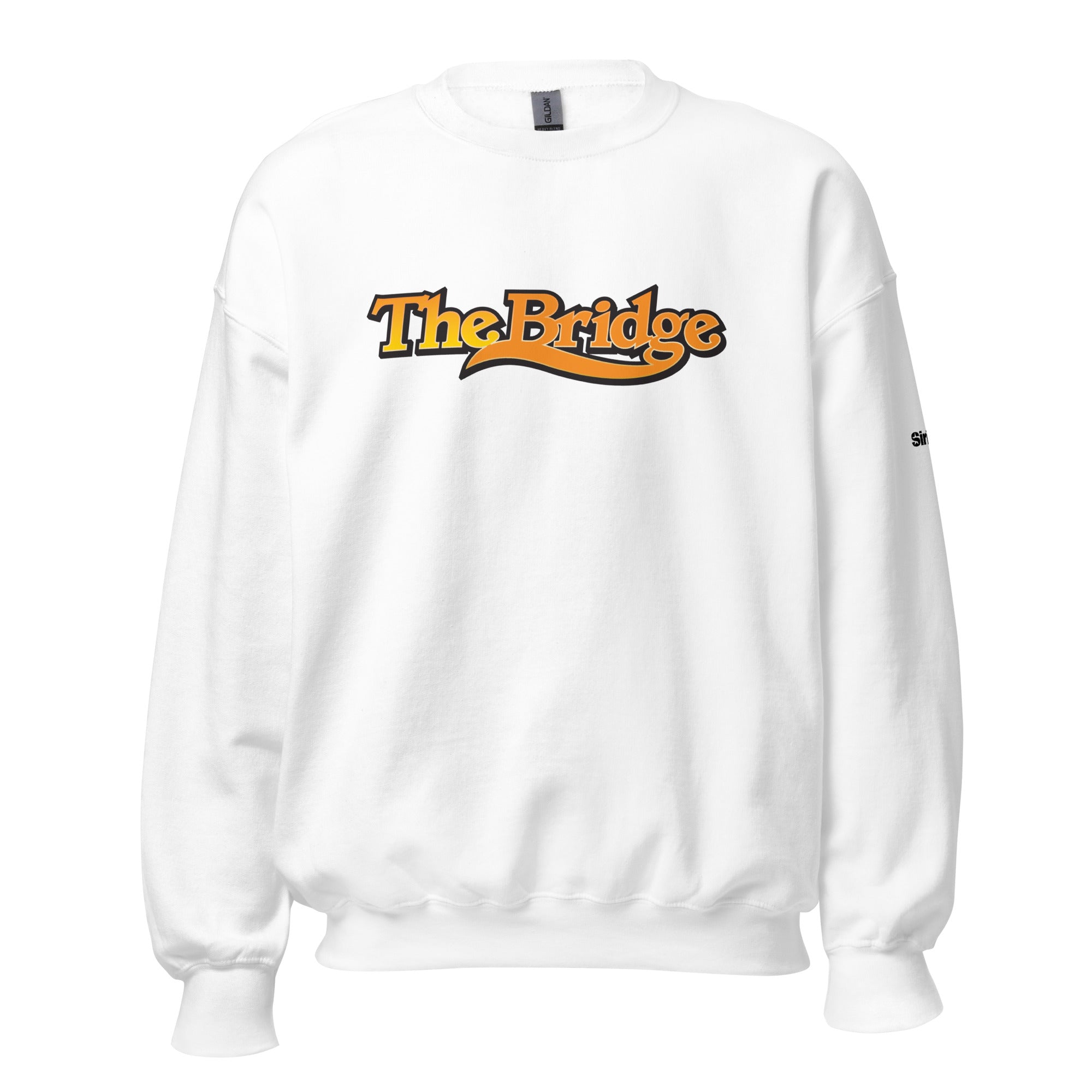 White sweatshirt featuring 'The Bridge' logo in orange and black.