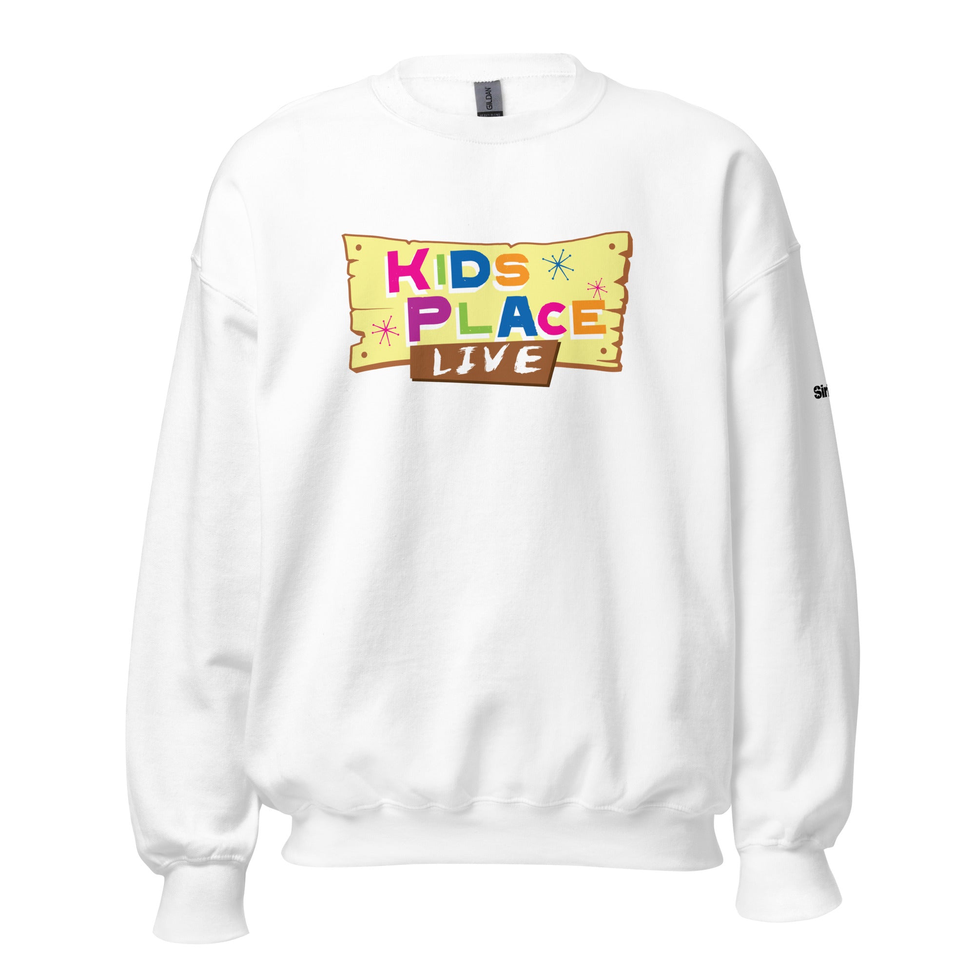 White sweatshirt featuring the colorful 'KIDS PLACE LIVE' with colorful stars and a wooden sign illustration.