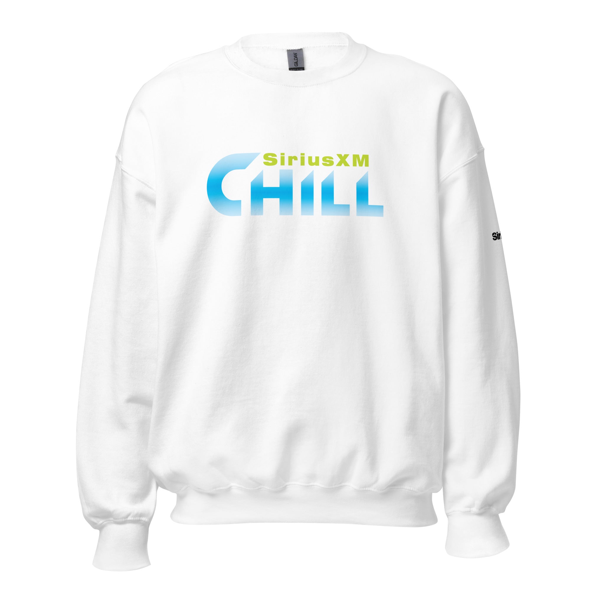White sweatshirt featuring 'SiriusXM CHILL' logo in blue and green.