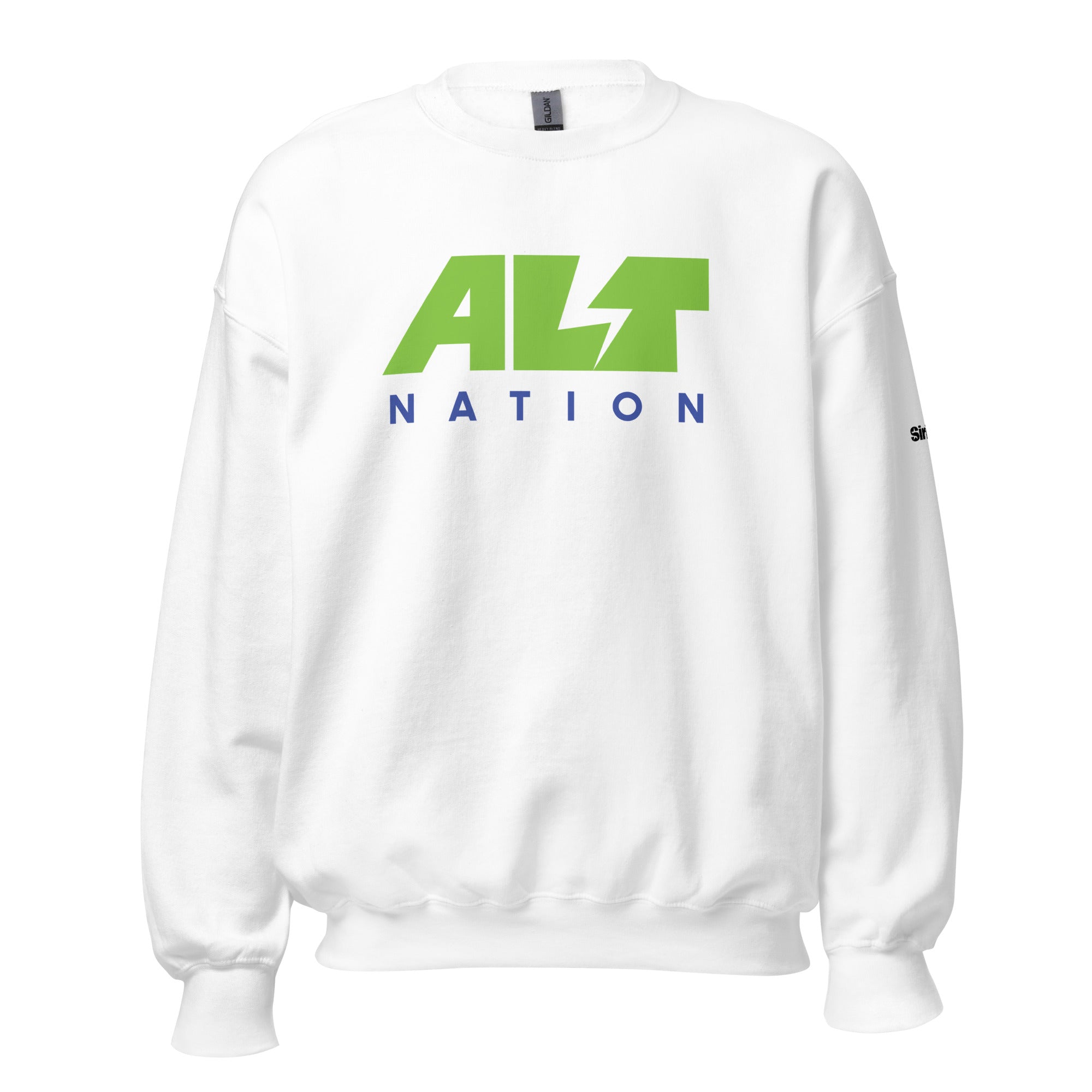 White sweatshirt featuring 'ALT' in green and 'NATION' in blue.
