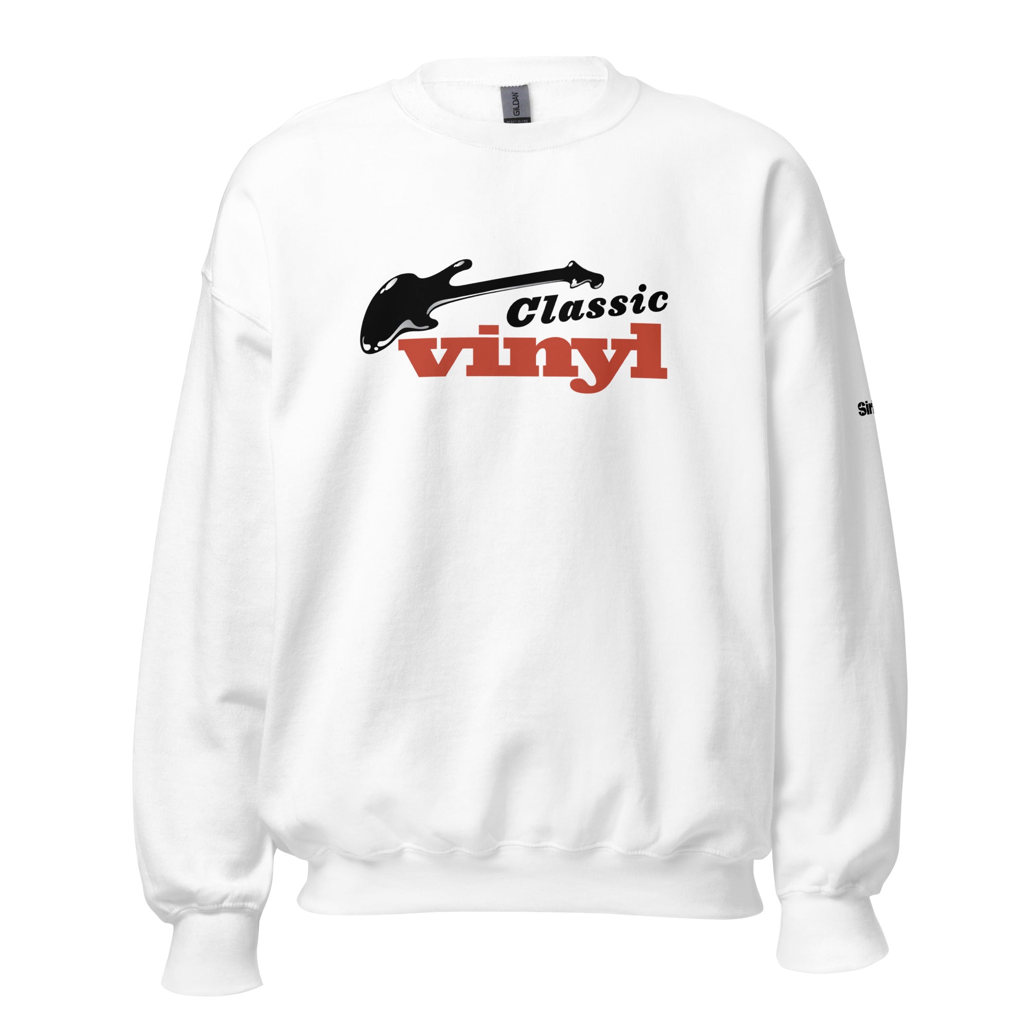 White sweatshirt with 'Classic Vinyl' text in black and red and a guitar graphic.