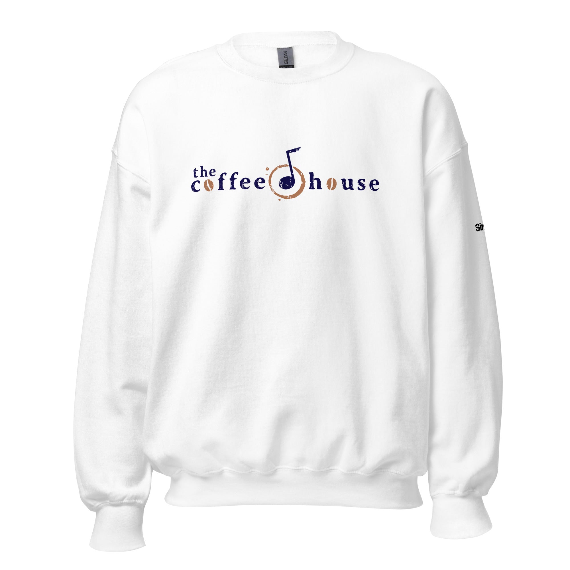 White sweatshirt with 'the coffee house' logo featuring a musical note and coffee bean design.