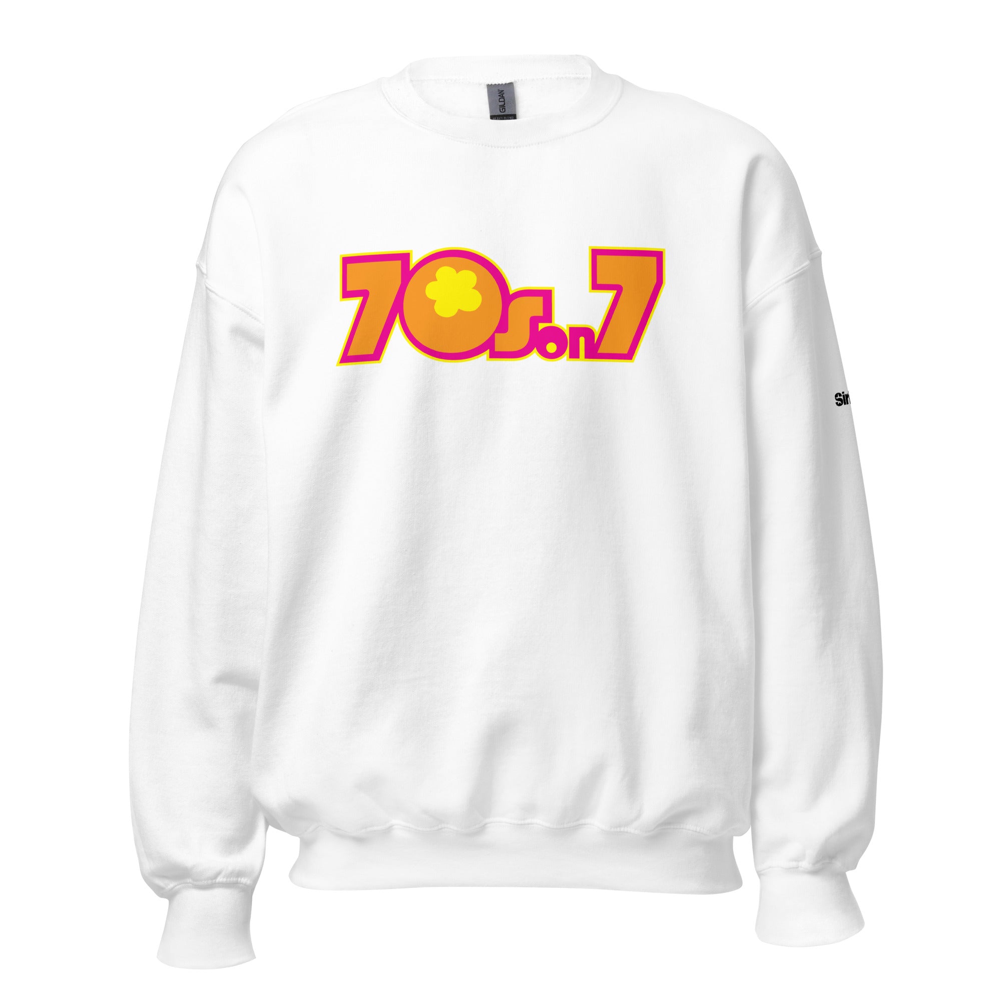 White sweatshirt featuring bold '70s on 7' graphic in vibrant pink, orange, and yellow colors.