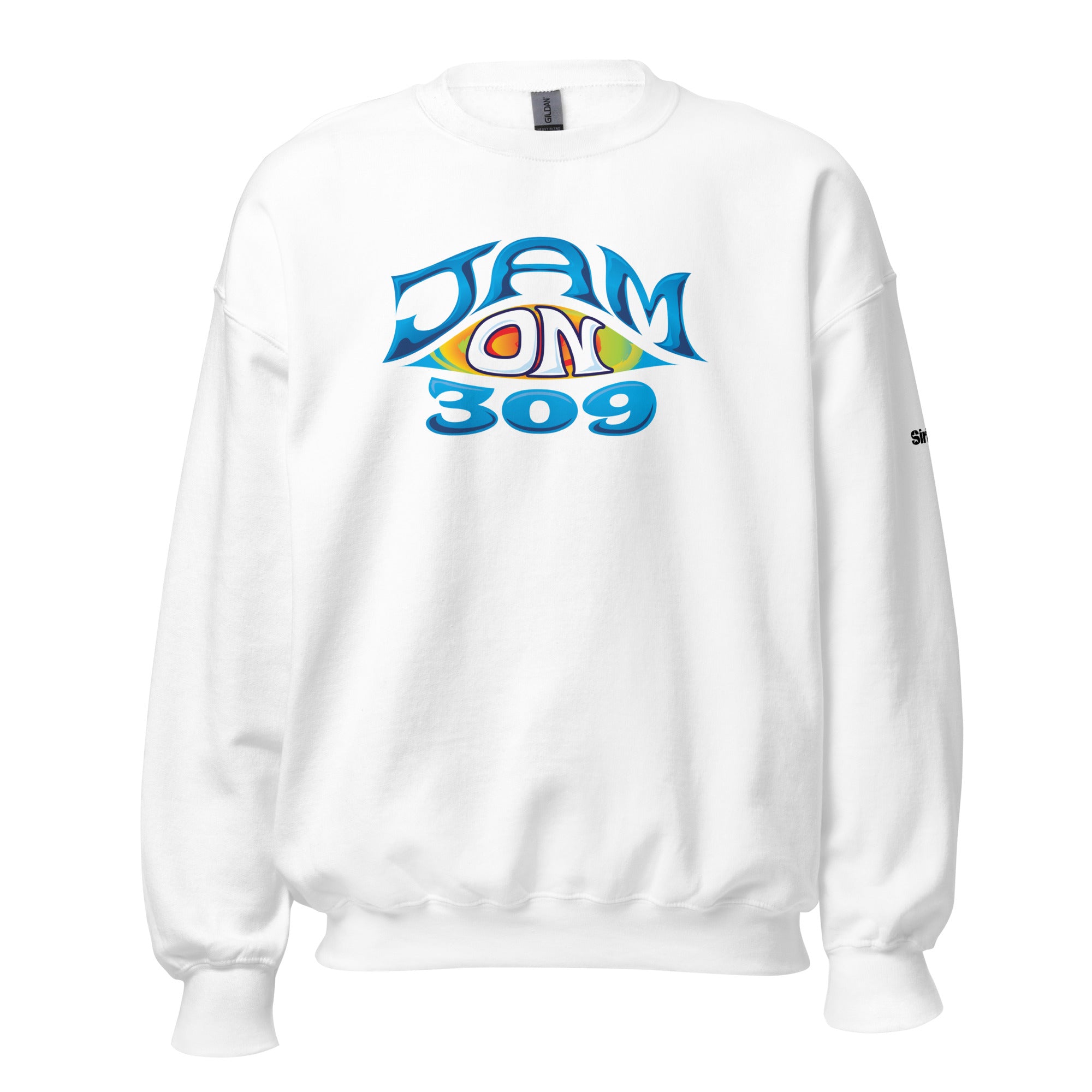 White sweatshirt with colorful 'JAM ON 309' graphic and text in blue on the front.