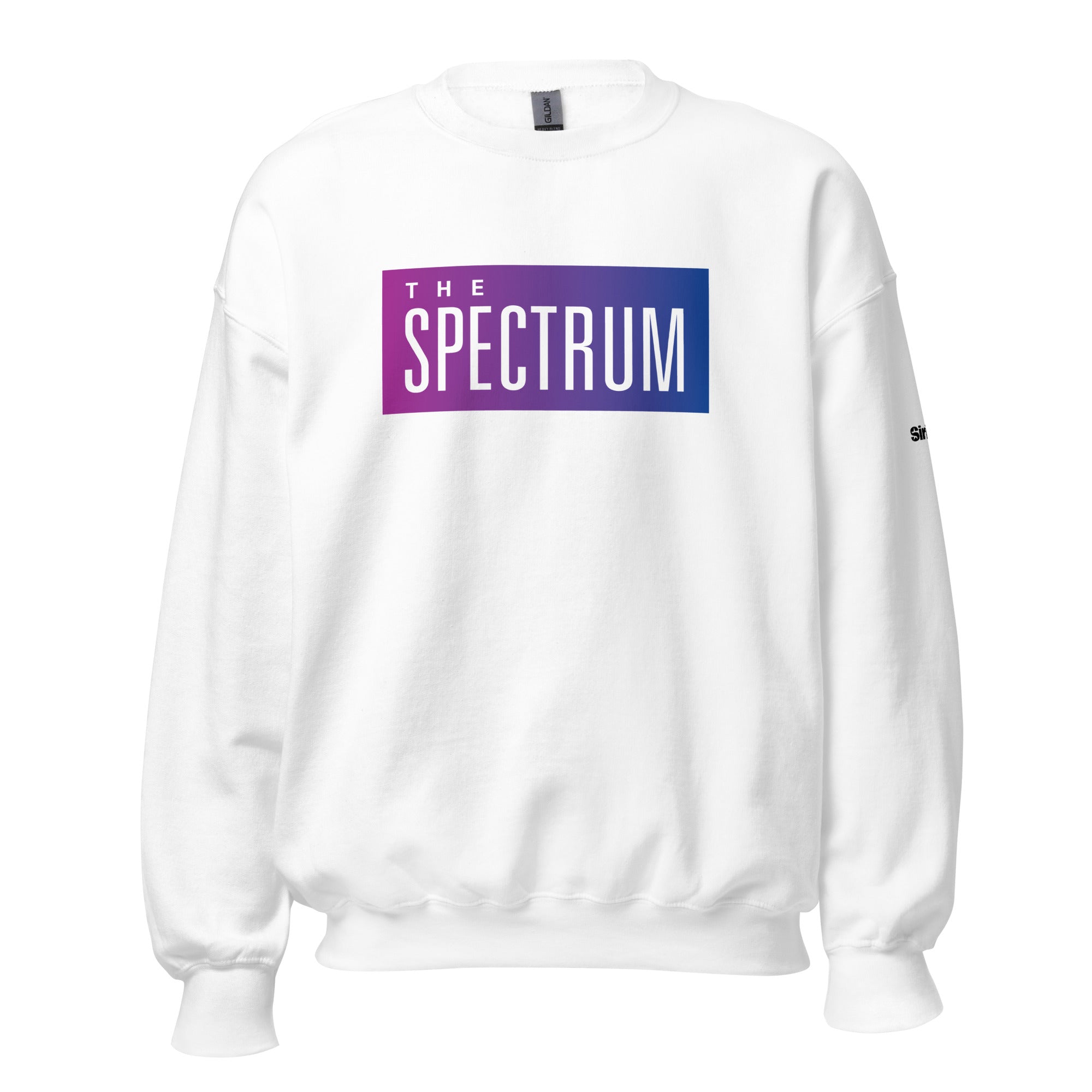 White sweatshirt featuring a gradient purple to blue graphic that reads 'THE SPECTRUM.'