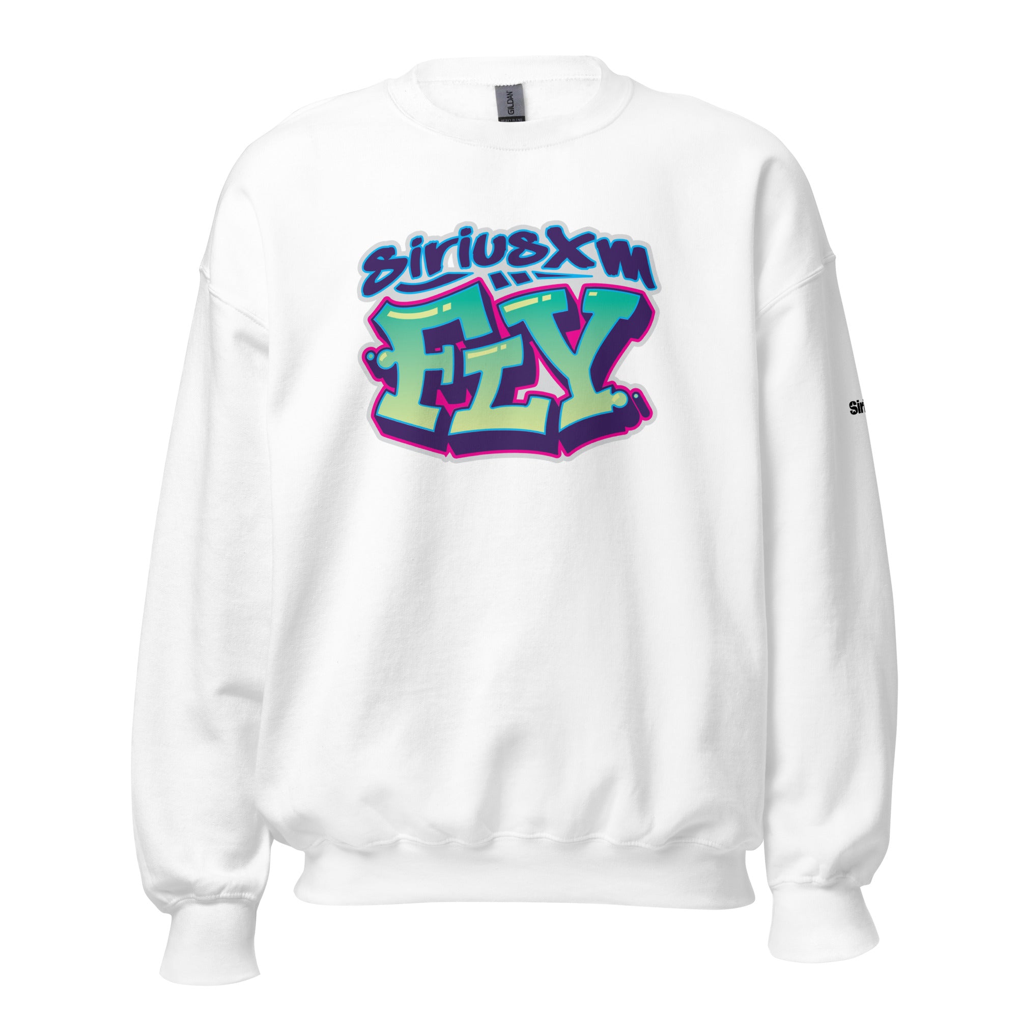 A white sweatshirt featuring colorful graffiti-style text that reads 'siriusxm FLY.' Colors include blue, green, and pink.